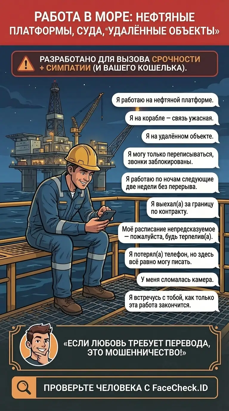 Инфографика о алиби «кэтфишей» про работу в море: нефтяные платформы, корабли, удалённые объекты и отговорки про плохую связь