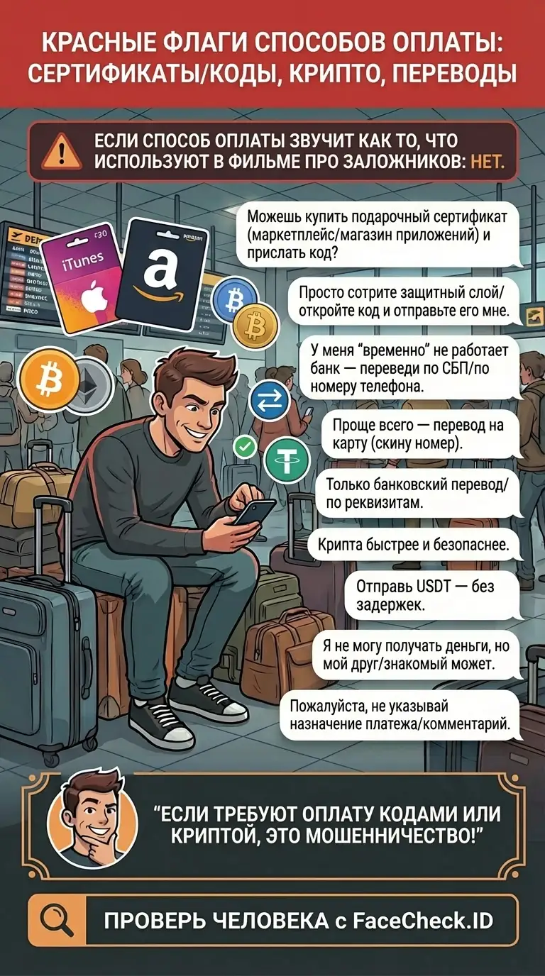 Инфографика о красных флагах способов оплаты, таких как подарочные карты, крипто и банковские переводы