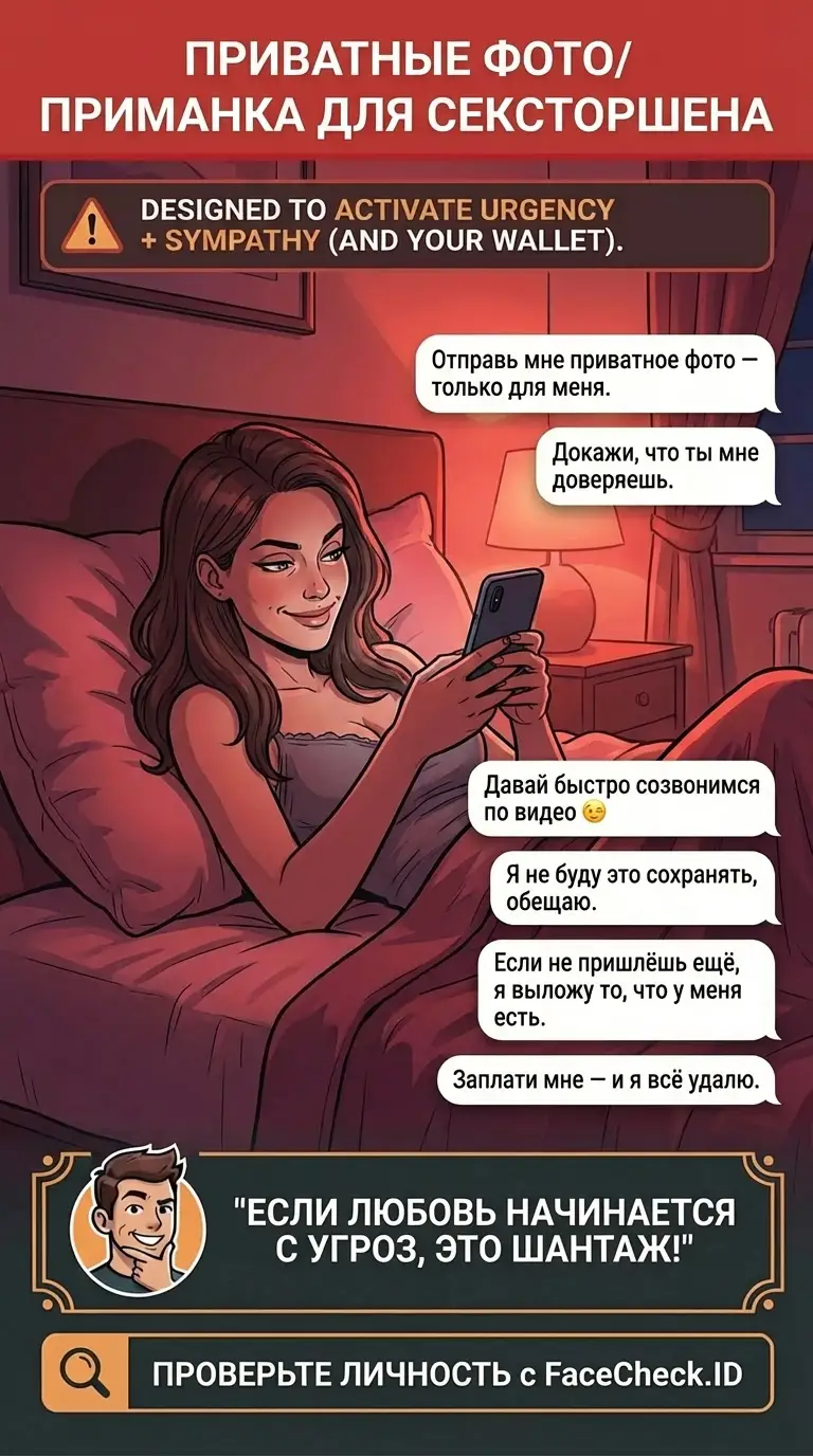 Инфографика о приманках с приватными фото и тактиках мошенничества с сексторшеном