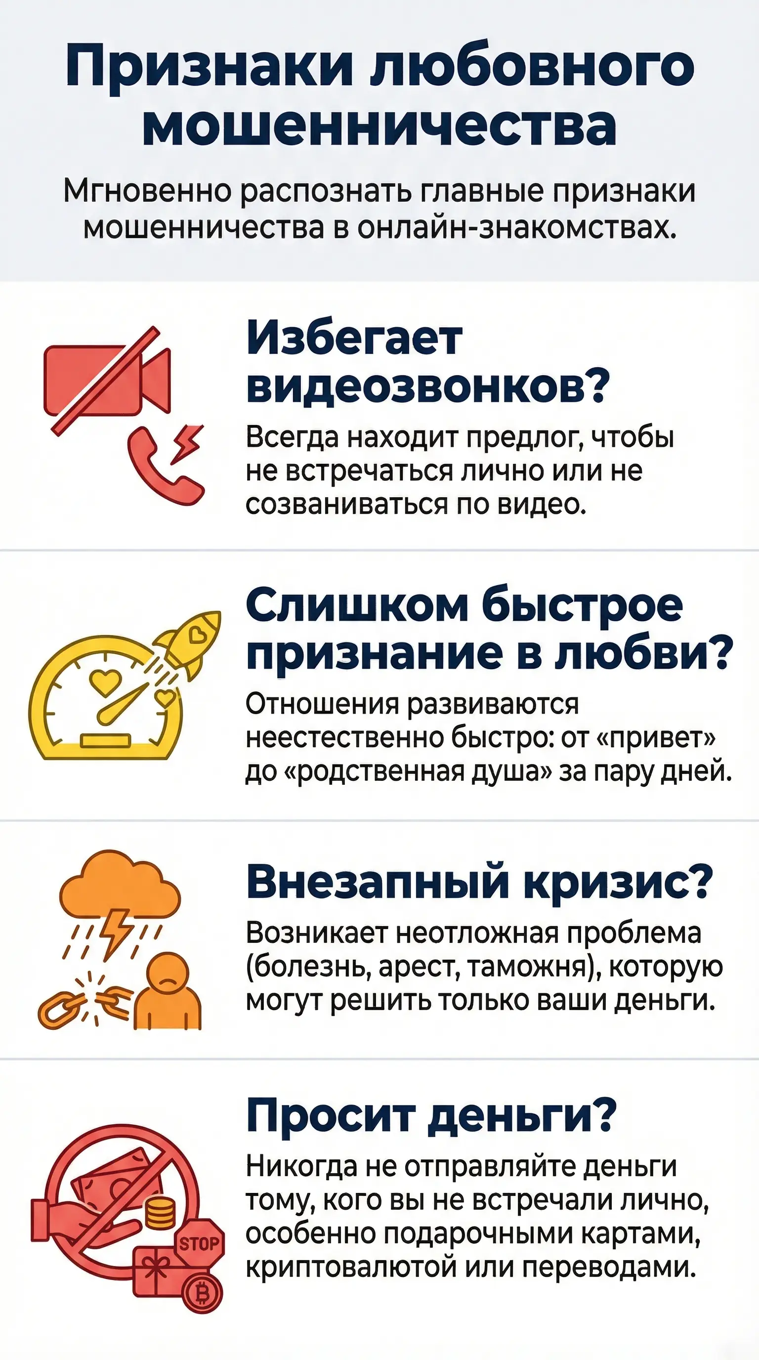 Иллюстрация распространённых фраз романтических мошенников в чате знакомств, подчёркивающая отговорки, срочность и просьбы об оплате