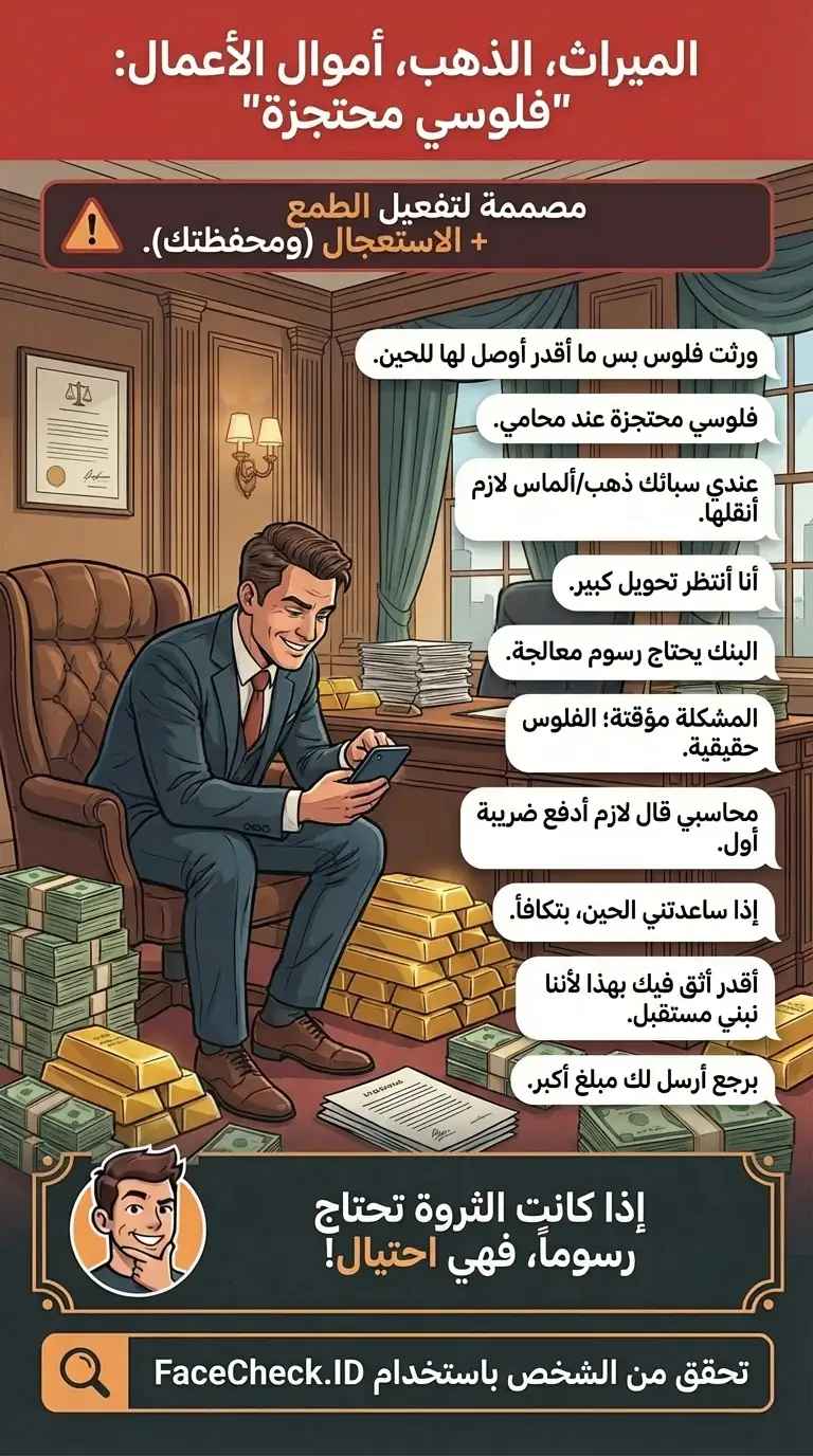 إنفوجرافيك عن عمليات الاحتيال بالميراث والذهب وأموال الأعمال حيث تكون الفلوس "محتجزة" وتحتاج رسوم