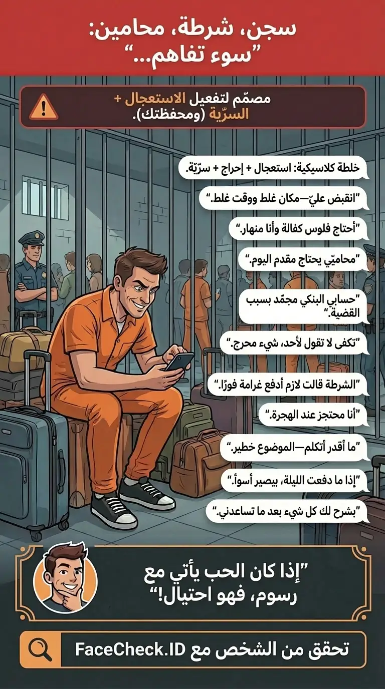 إنفوجرافيك عن احتيالات السجن والشرطة والمحامين باستخدام “سوء تفاهم” مع استعجال وسرّية