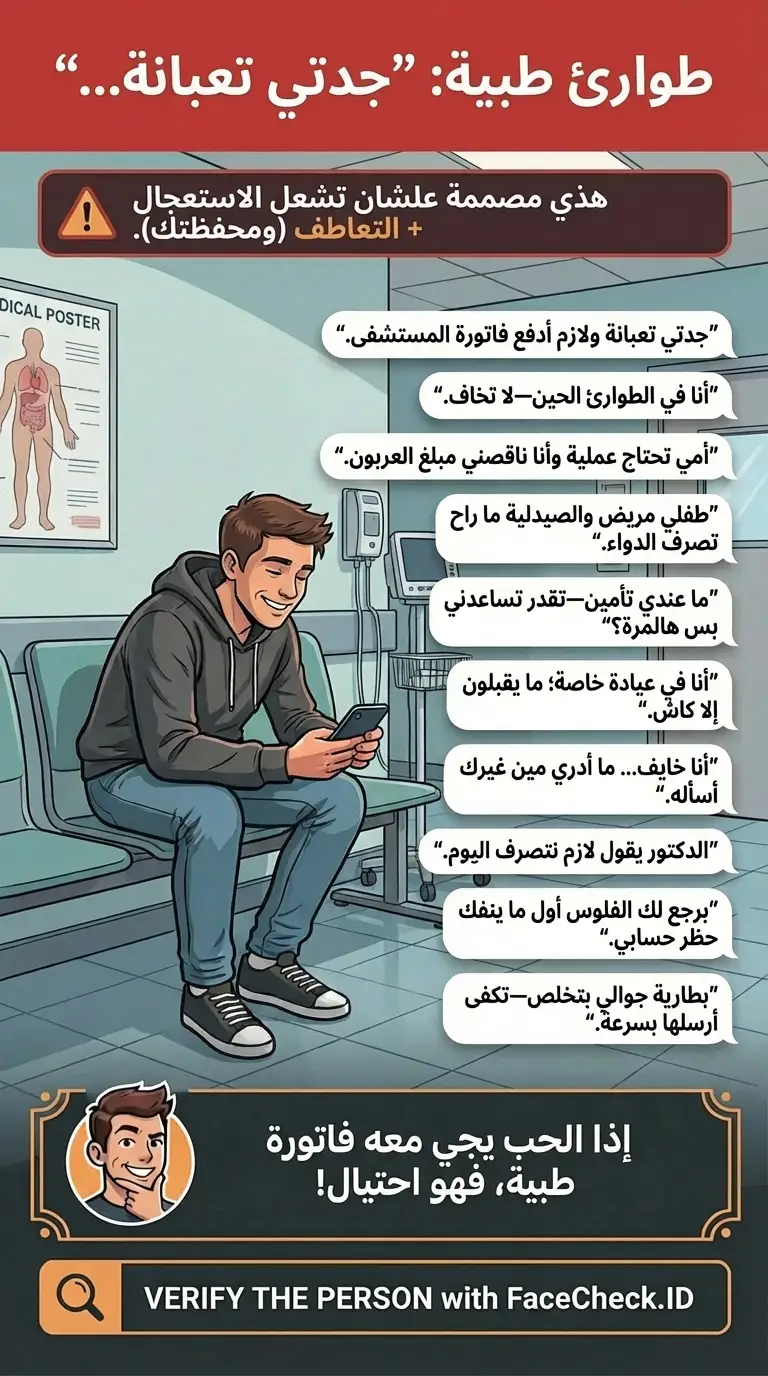 إنفوجرافيك يحذر من احتيالات طلب المال بحجة طوارئ طبية مثل “جدتي تعبانة…”