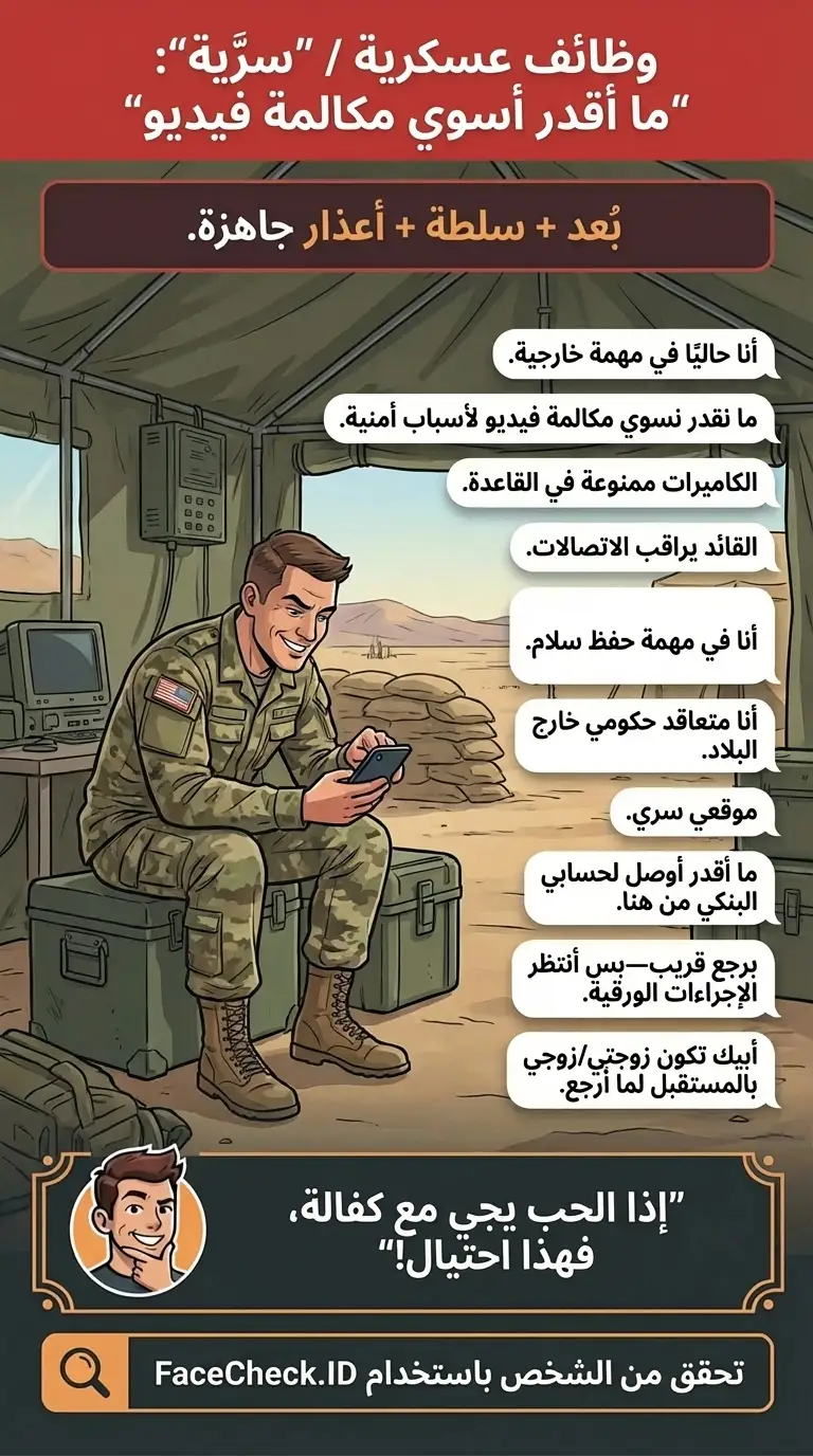 إنفوجرافيك عن احتيالات الحب العسكرية وأعذار “ما أقدر أسوي مكالمة فيديو”