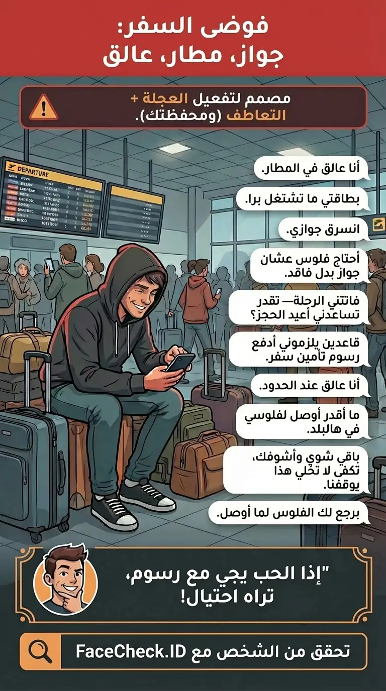 إنفوجرافيك عن احتيالات السفر والرسوم الوهمية والطوارئ وطلبات الدفع في آخر لحظة