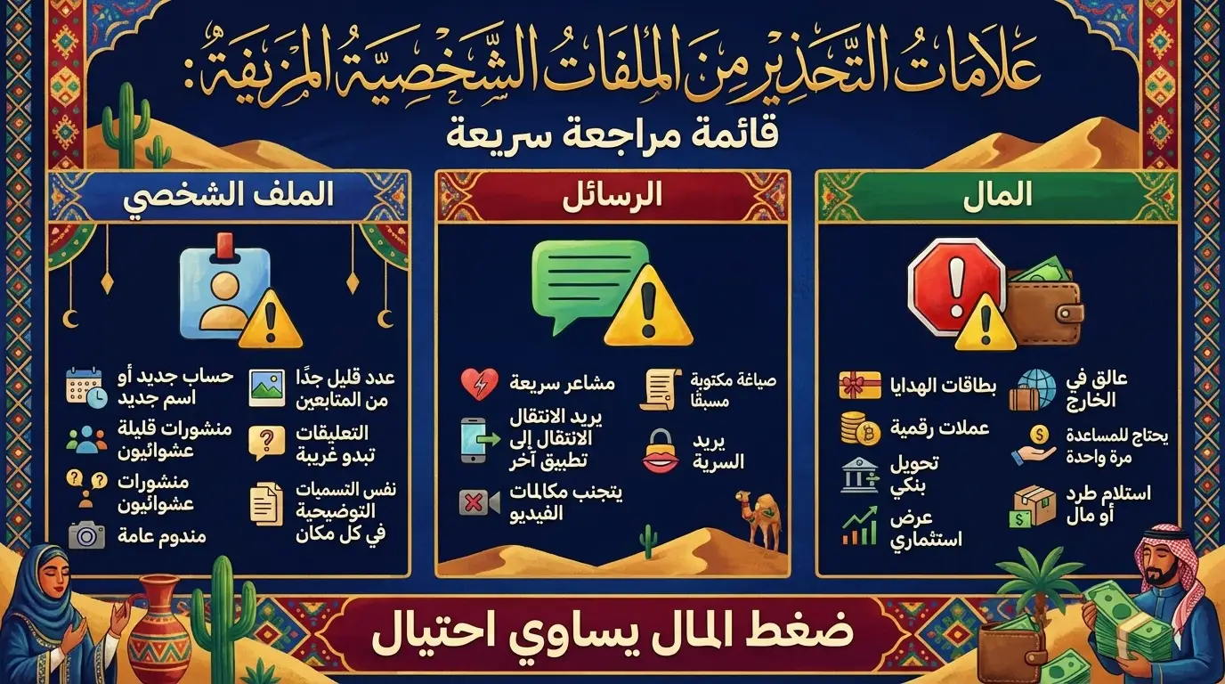 إنفوجرافيك قائمة علامات تحذيرية للحسابات الوهمية يوضح إشارات شائعة للمحتالين عبر الإنترنت مرتبطة بالملفات الشخصية وسلوكيات الرسائل وطلبات المال