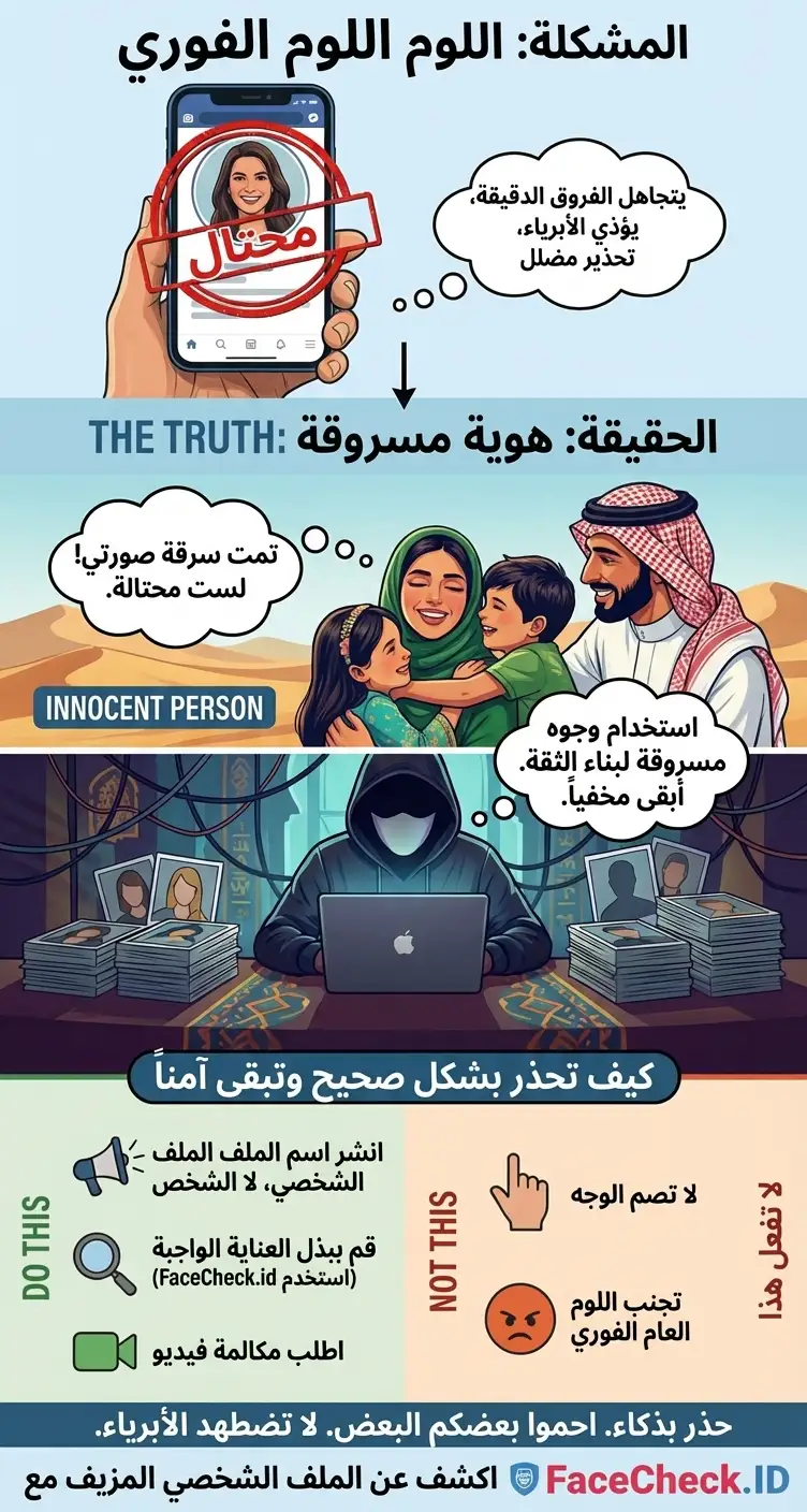 رسم تحذيري يذكّر المستخدمين بالإبلاغ عن الانتحال وتجنّب اتهام الشخص في الصورة المسروقة