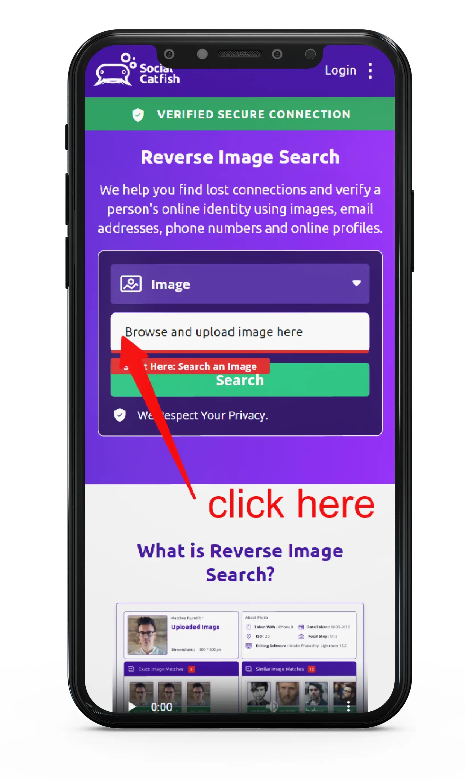 Ricerca inversa di immagini di Social Catfish su mobile