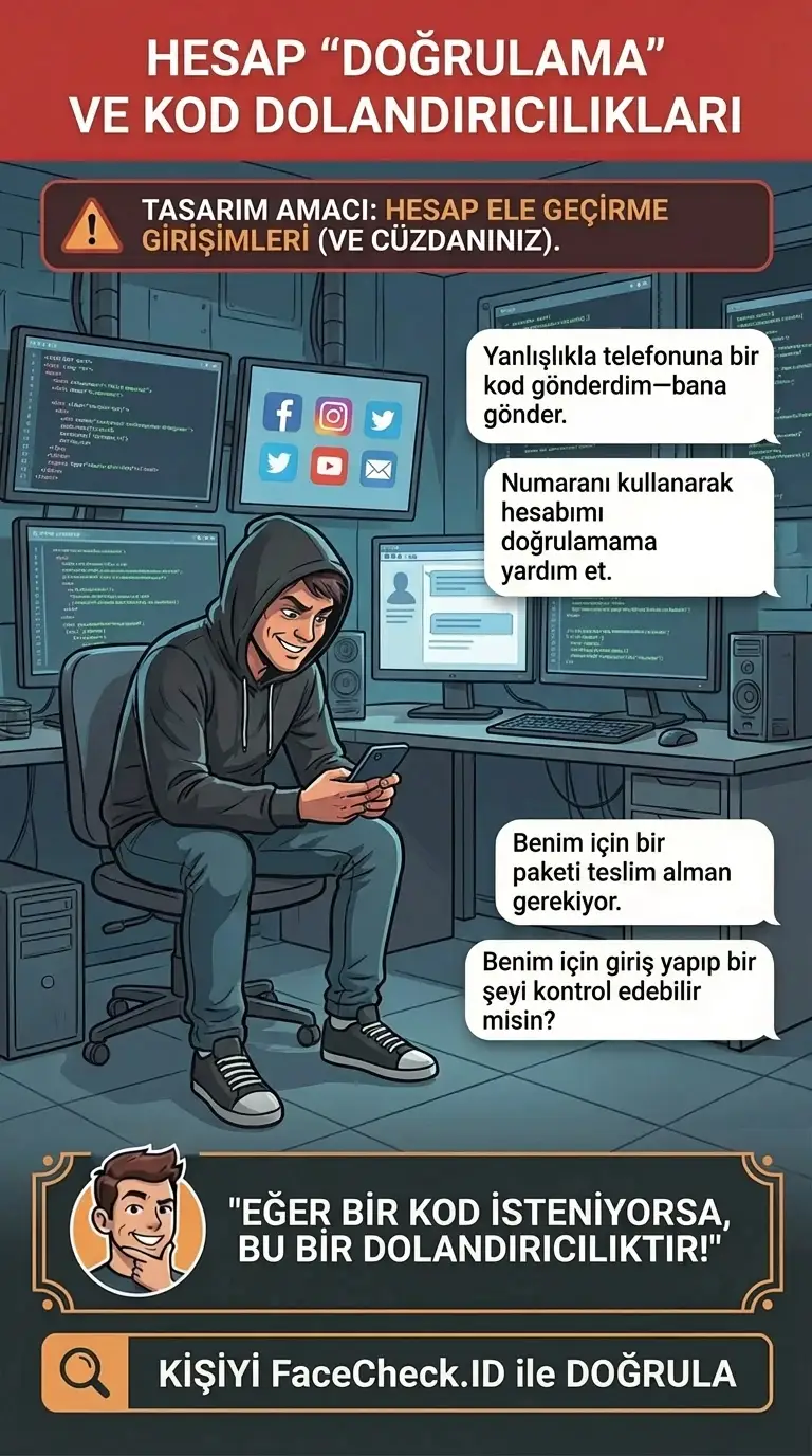 Hesap doğrulama dolandırıcılıkları ve tek kullanımlık kod oyunları hakkında infografik
