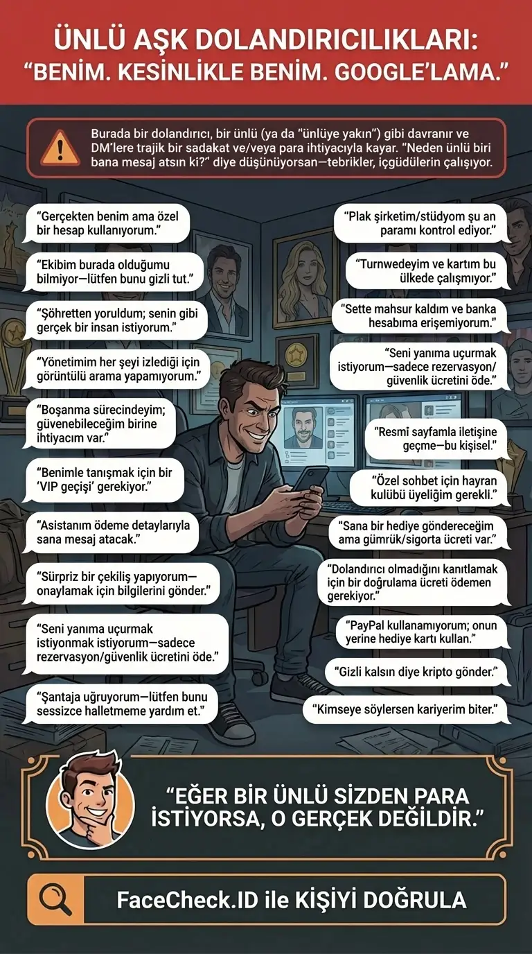 Ünlü aşk dolandırıcılıkları ve kimliğe bürünme kırmızı bayrakları hakkında infografik