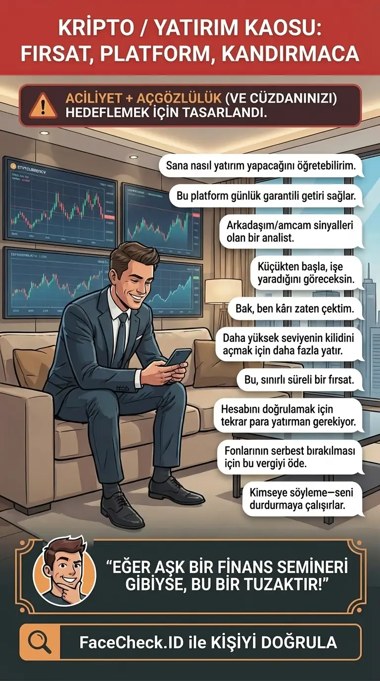 Kripto dolandırıcılığı uyarıları, önleme ipuçları ve yaygın sahtekârlık kalıpları hakkında infografik