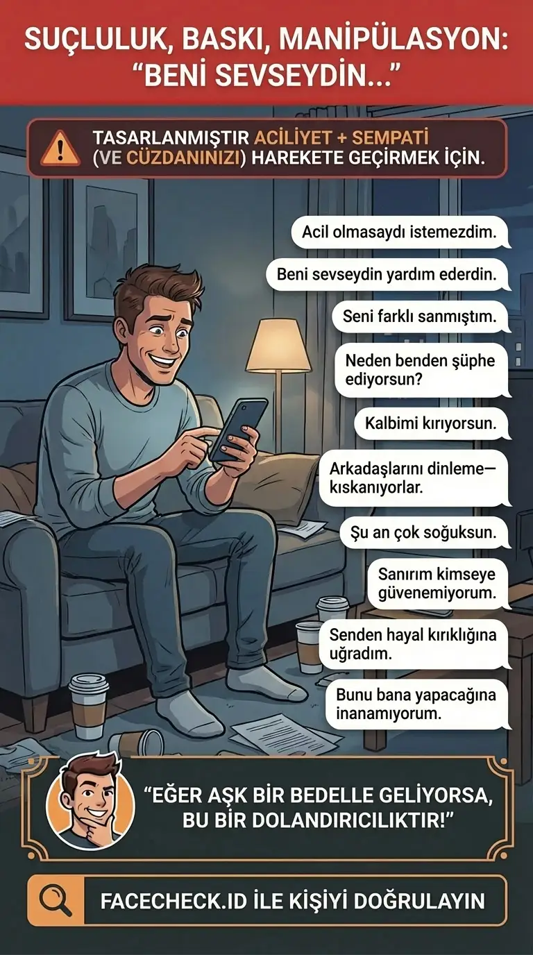 Çevrimiçi dolandırıcılıklarda duygusal manipülasyon taktikleri ve uyarı işaretleri hakkında infografik