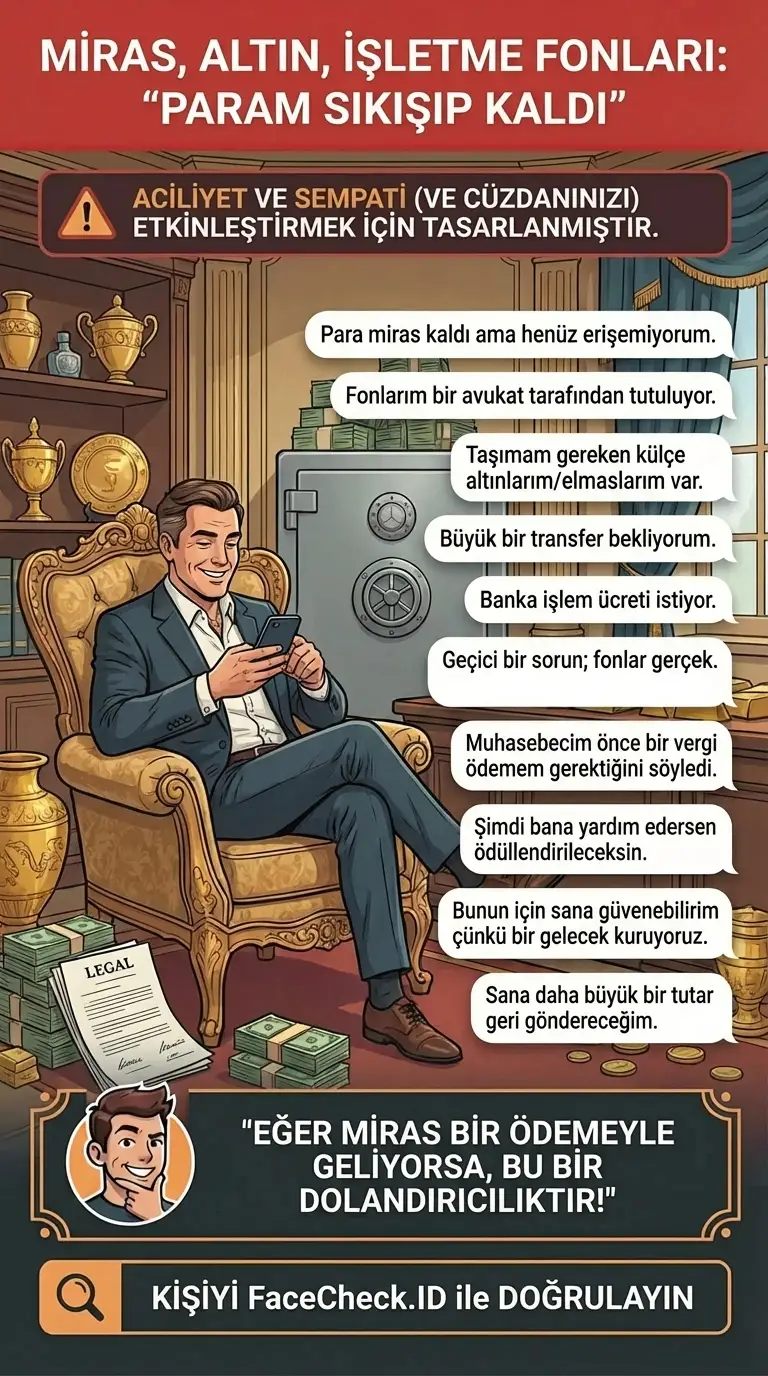 “Para sıkışıp kaldı” ve ücret gerektiği söylenen miras, altın ve işletme fonları dolandırıcılıkları hakkında infografik