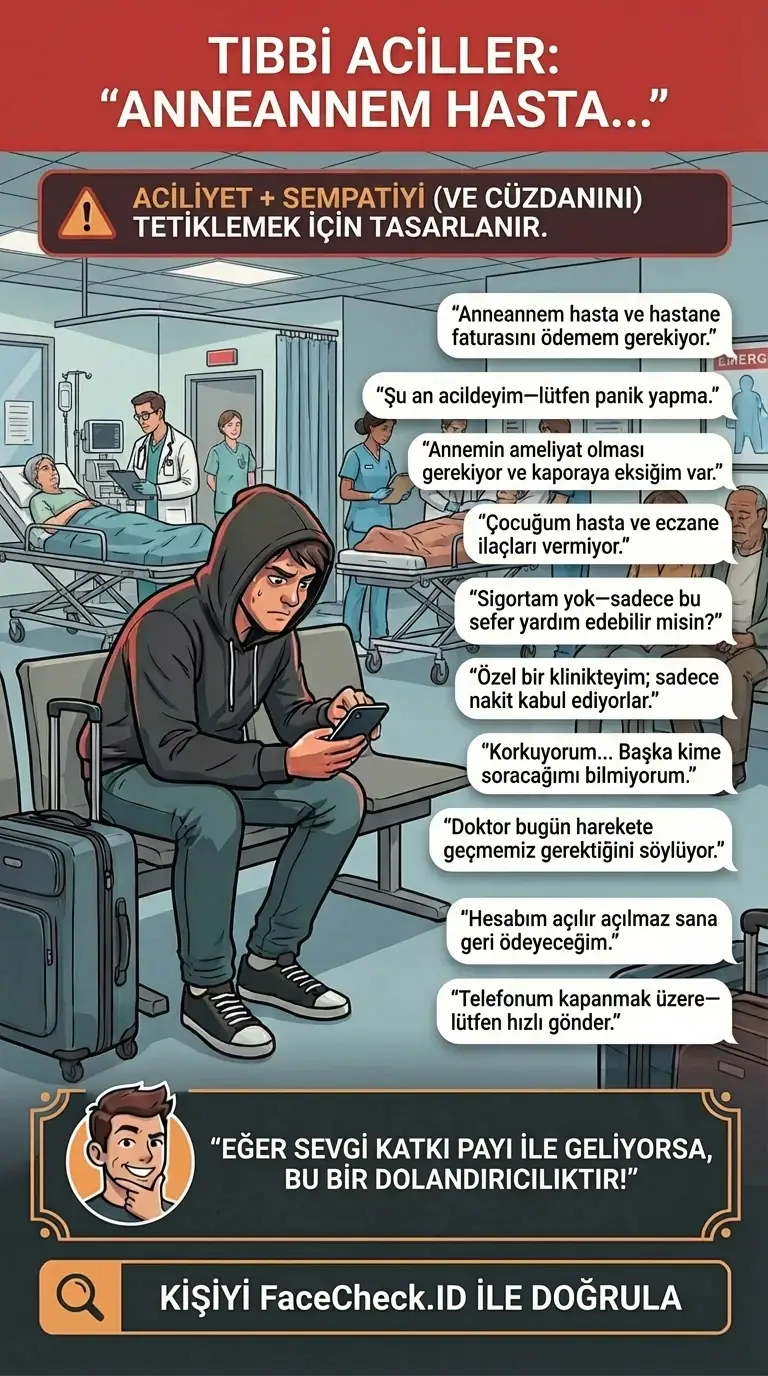 “Anneannem hasta...” tıbbi acil para isteme dolandırıcılıkları hakkında uyarı infografiği