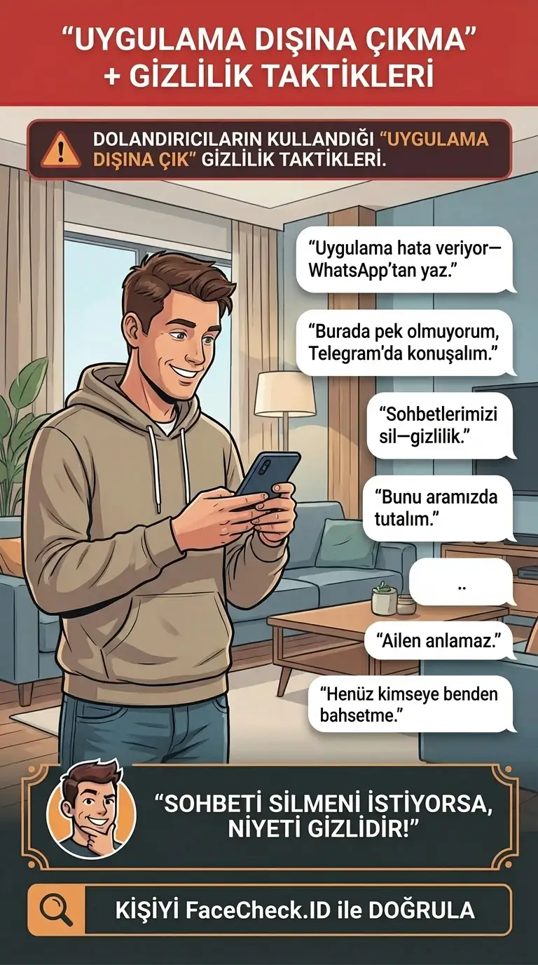 Dolandırıcıların kullandığı “uygulama dışına çık” gizlilik taktikleri hakkında infografik