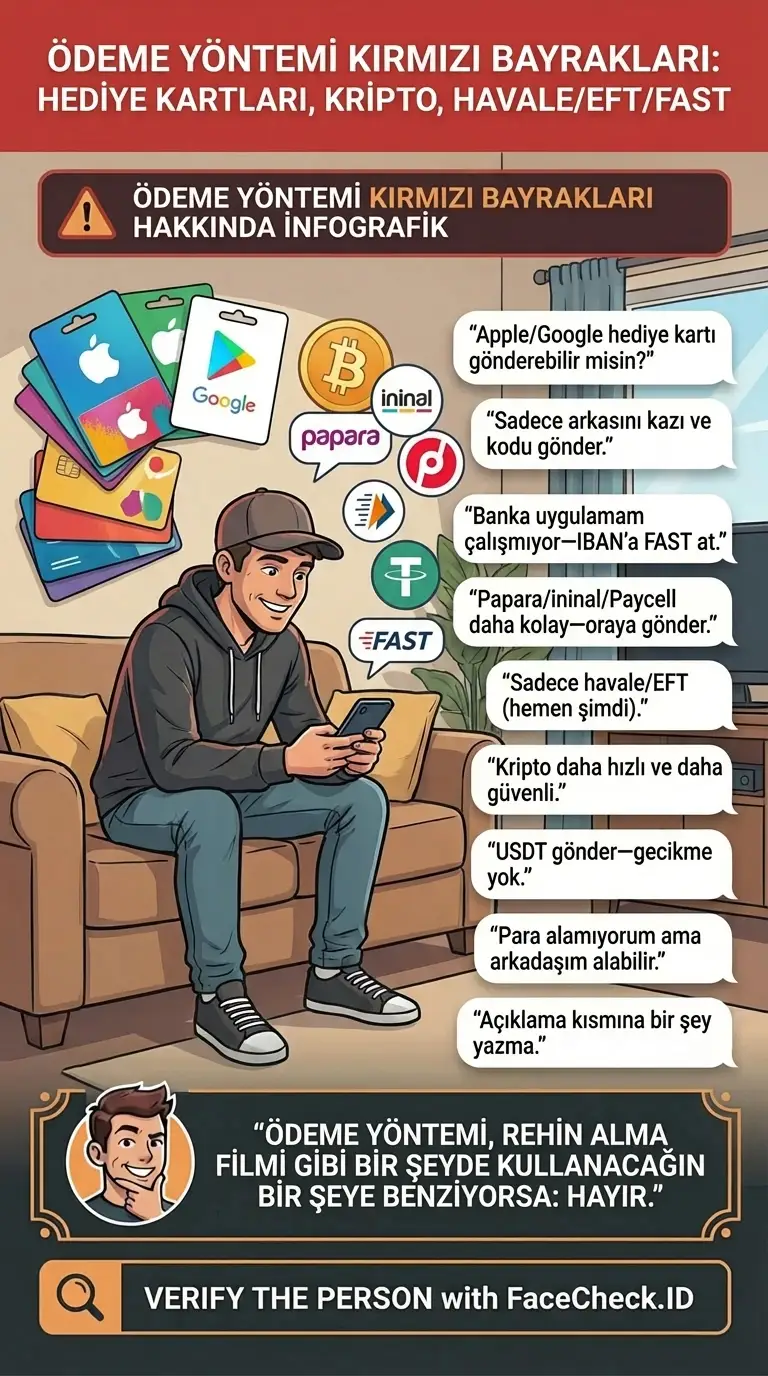 Hediye kartları, kripto ve banka havaleleri gibi ödeme yöntemi kırmızı bayrakları hakkında infografik