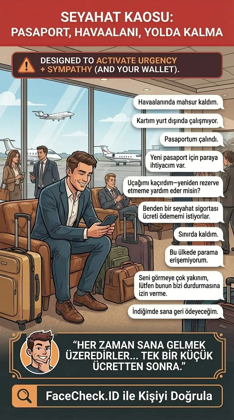 Seyahat dolandırıcılıkları ve sahte ücretler, aciller ve son dakika ödeme talepleri hakkında infografik