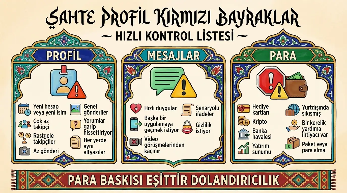 Profil, mesajlaşma davranışları ve finansal taleplerle ilgili çevrimiçi dolandırıcıların yaygın işaretlerini gösteren Sahte Profil Kırmızı Bayrakları kontrol listesi infografiği