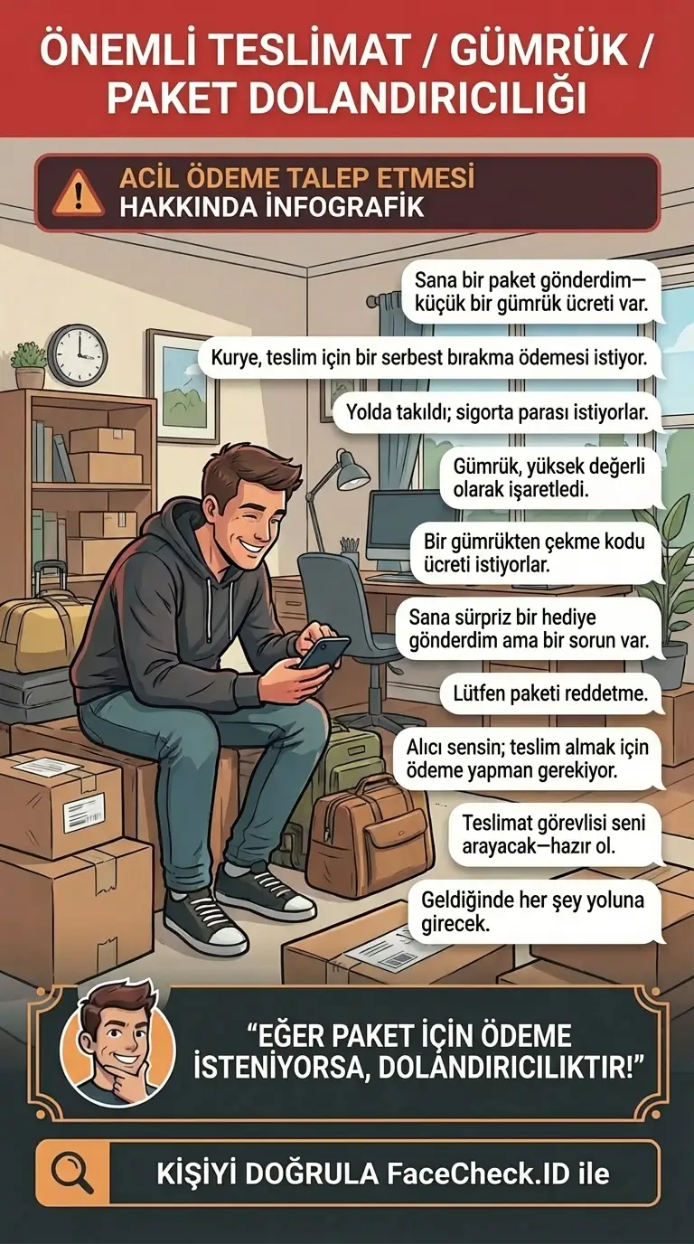 “Önemli teslimat” gümrük ve paket dolandırıcılıklarının acil ödeme talep etmesi hakkında infografik