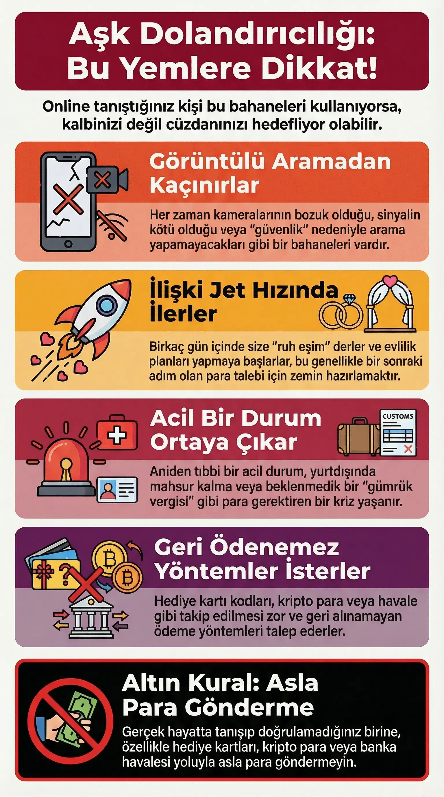 Bir flört sohbetinde yaygın romantik dolandırıcı cümlelerini gösteren, bahaneler, aciliyet ve ödeme taleplerini vurgulayan illüstrasyon