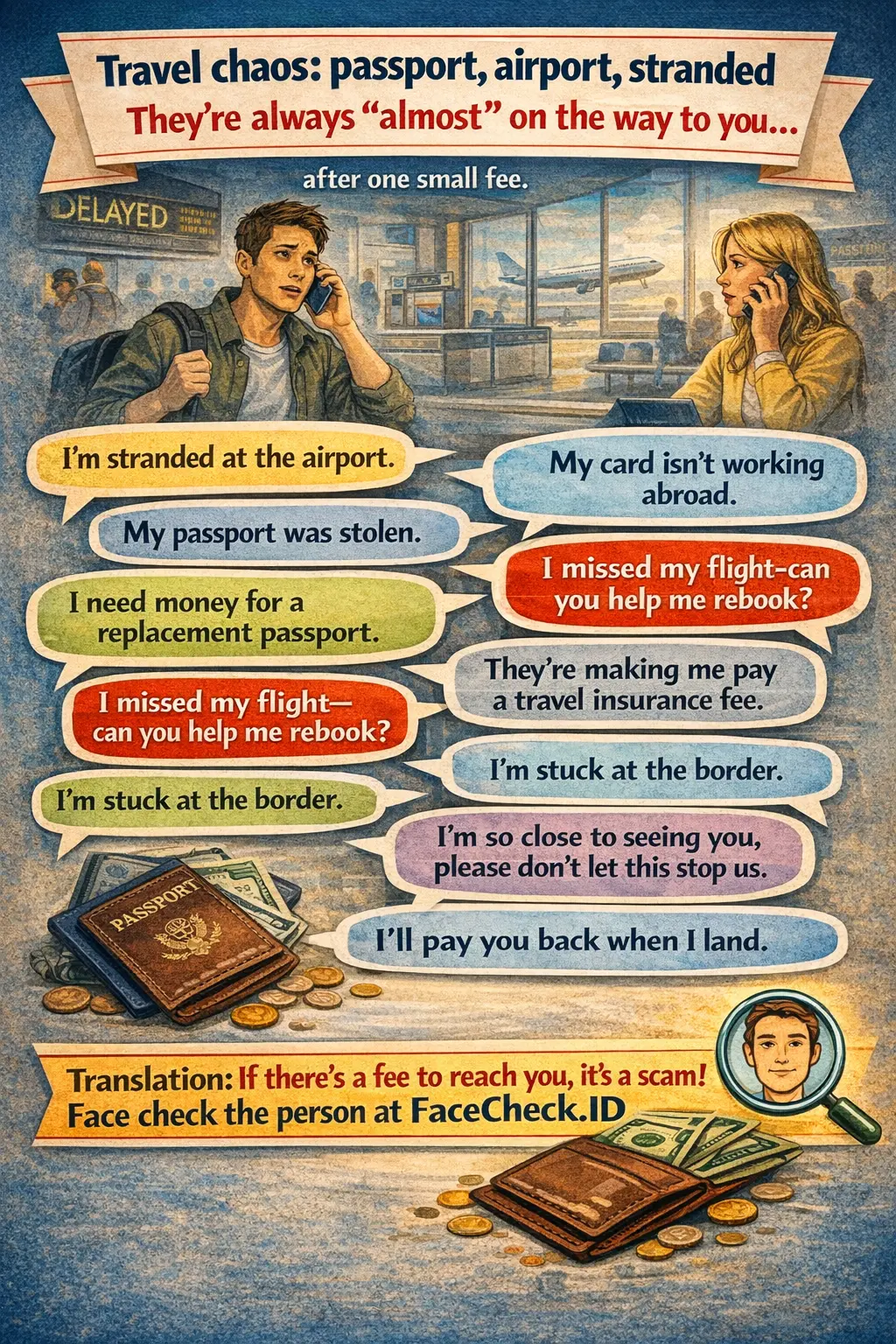 Infographic about travel scams and fake fees, emergencies, and last-minute payment requests