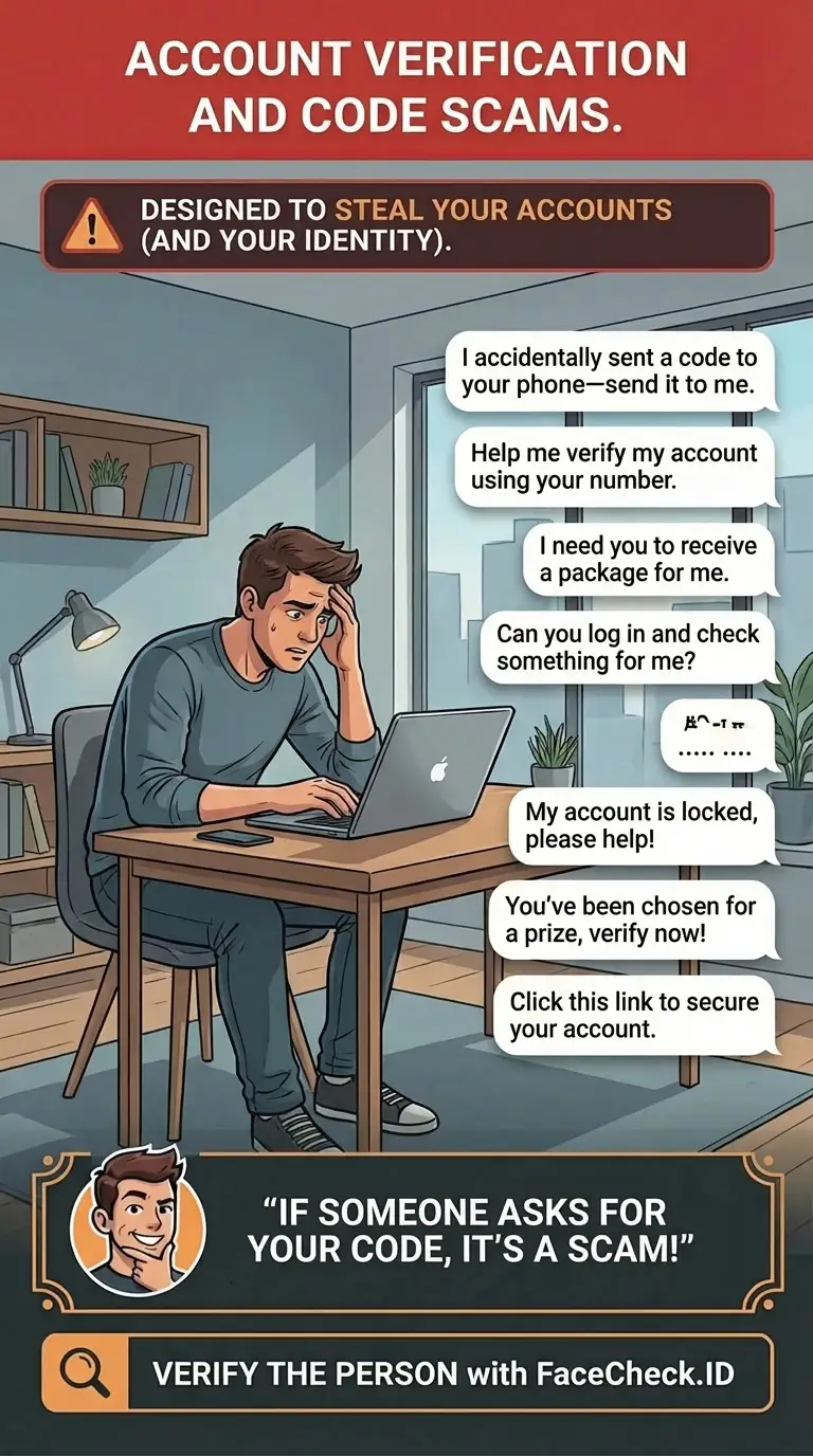 Infographic about account verification scams and one-time code tricks