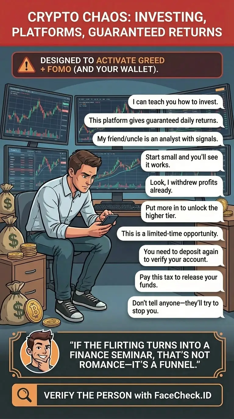 Infographic about crypto scam warnings, prevention tips, and common fraud patterns