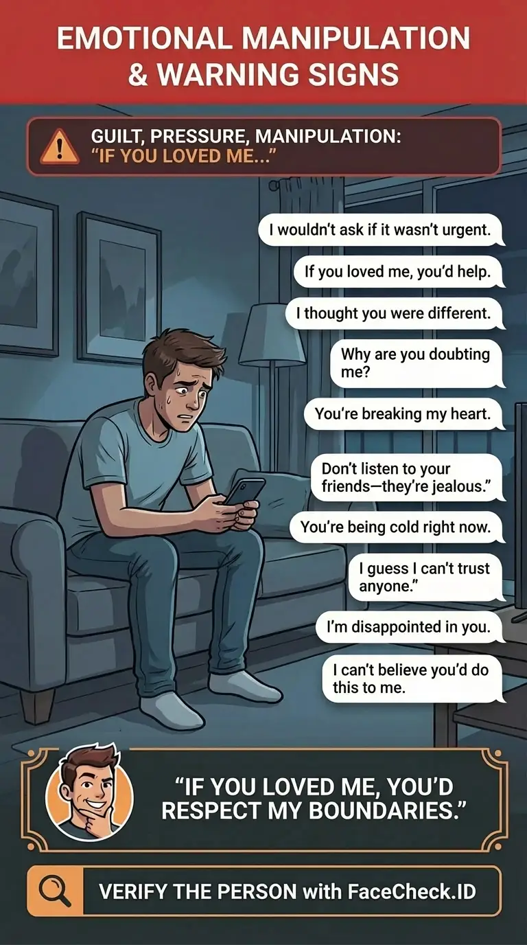 Infographic about emotional manipulation tactics and warning signs in online scams