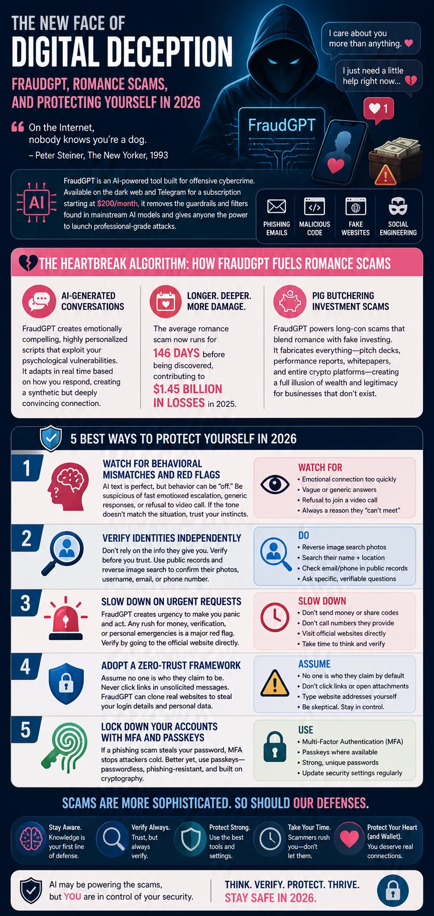 FraudGPT romance scam protection infographic for 2026