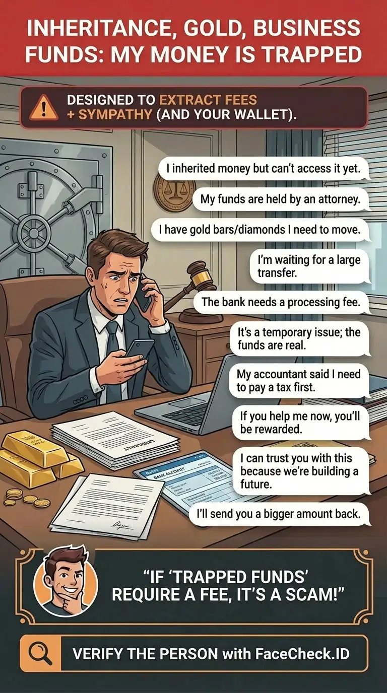 Infographic about inheritance, gold, and business funds scams where money is “trapped” and needs fees