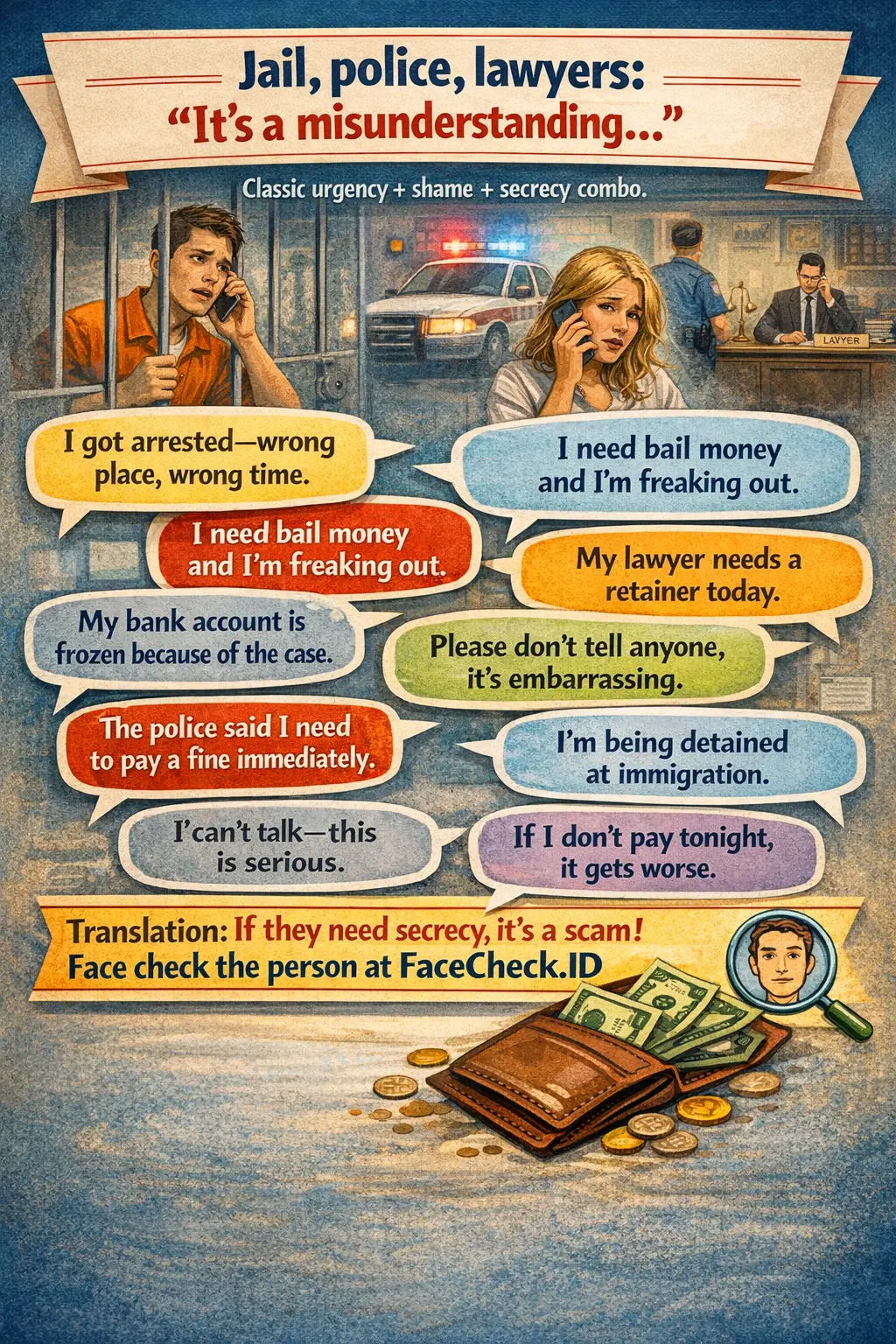 Infographic about jail, police, and lawyer scams using “it’s a misunderstanding” urgency and secrecy
