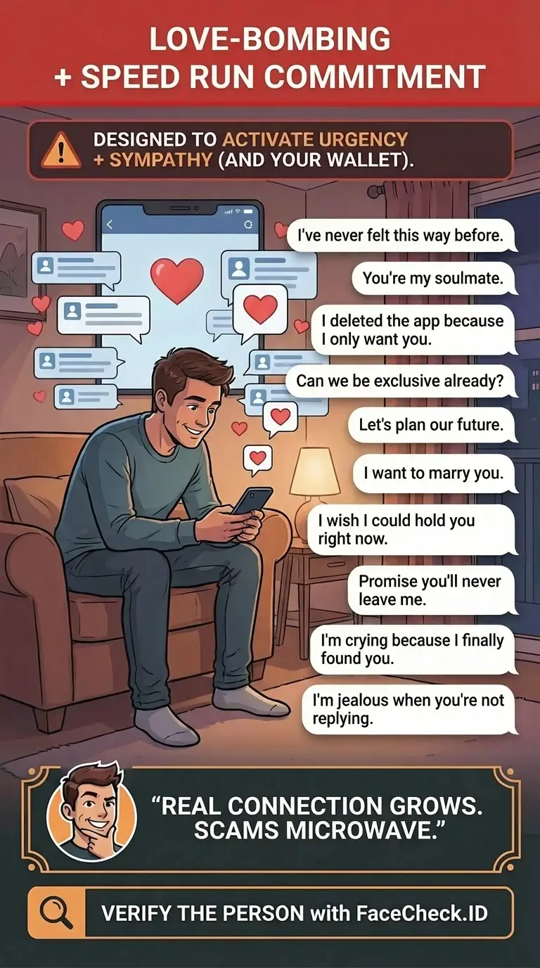 Infographic about love-bombing warning signs shown through digital chats and messaging patterns