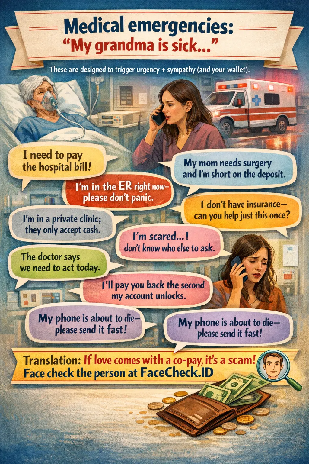 Infographic warning about “My grandma is sick…” medical emergency money-request scams