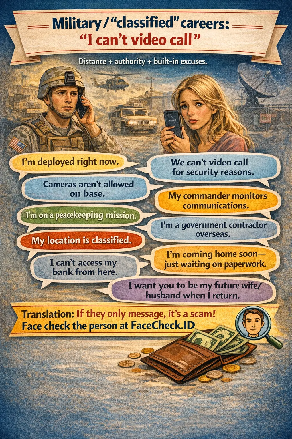Infographic about military romance scams and “I can’t video call” excuses