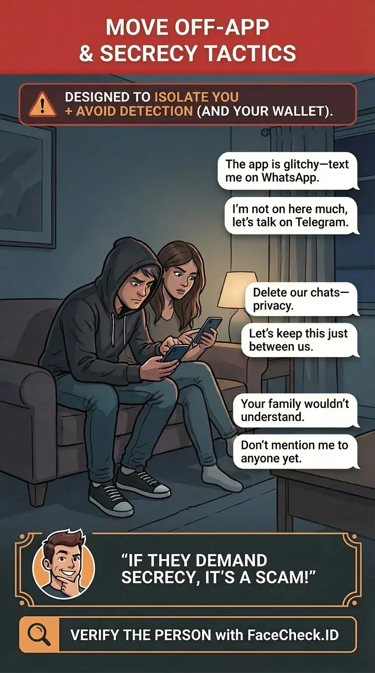 Infographic about “move off the app” secrecy tactics used by scammers