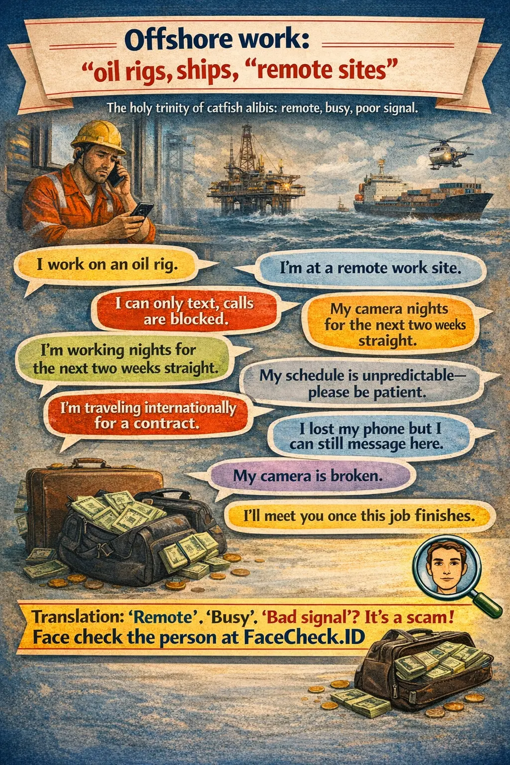 Infographic about offshore work catfish alibis like oil rigs, ships, remote sites, and bad signal excuses