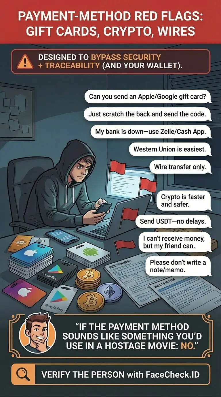 Infographic about payment method red flags like gift cards, crypto, and wire transfers