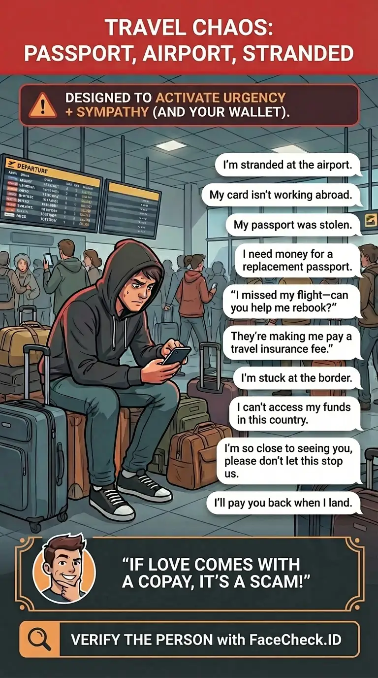 Infographic about travel scams and fake fees, emergencies, and last-minute payment requests