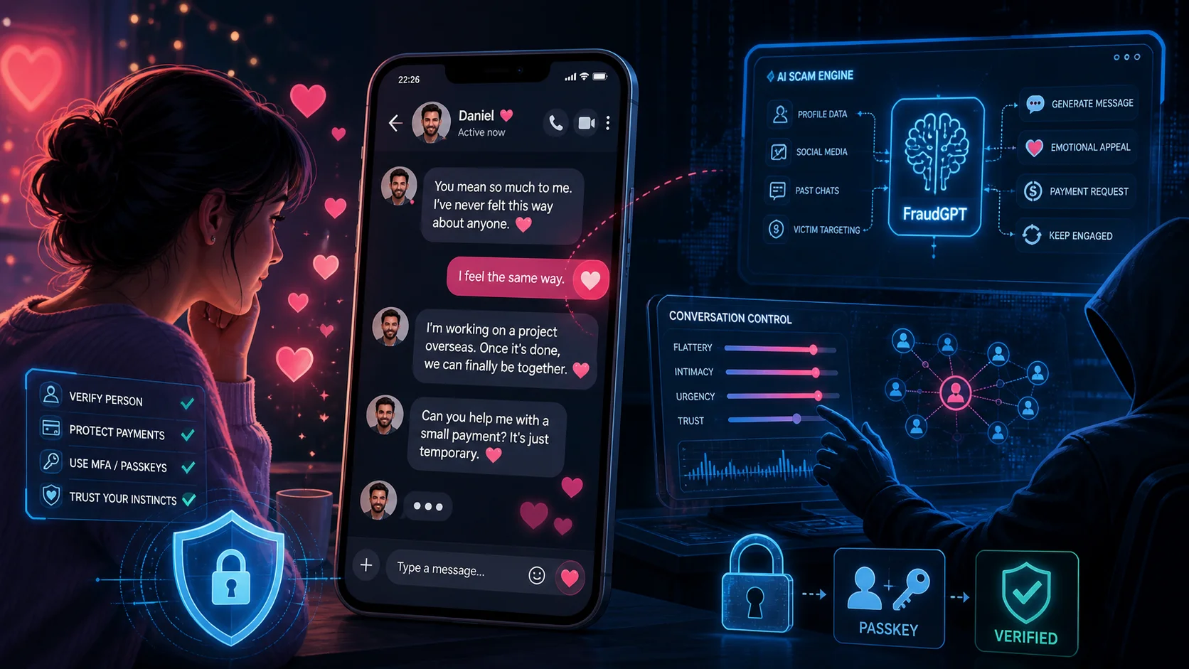 AI romance scam protection illustration