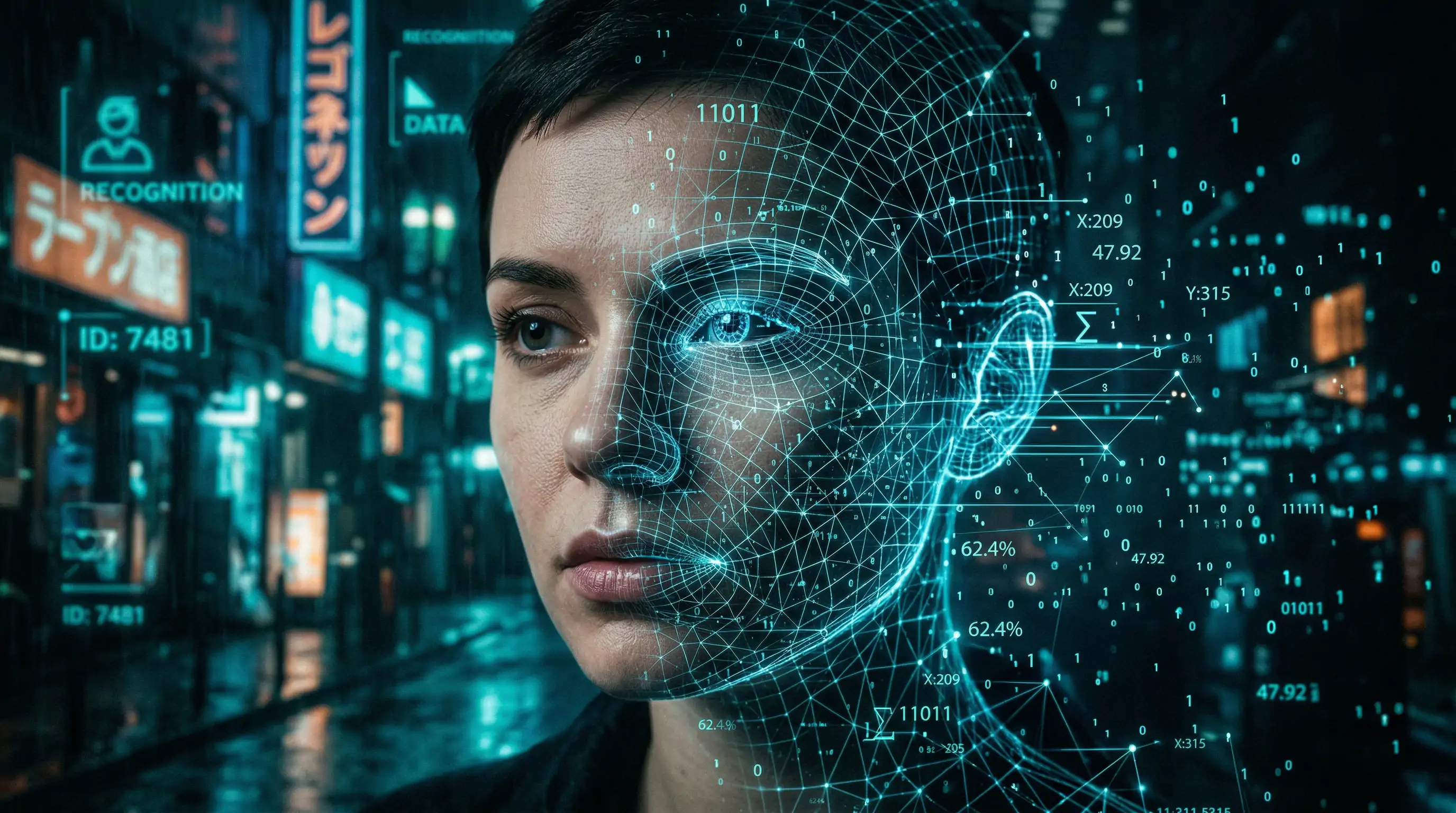 AI face search technology scanning a photo on a laptop screen in a dimly lit room