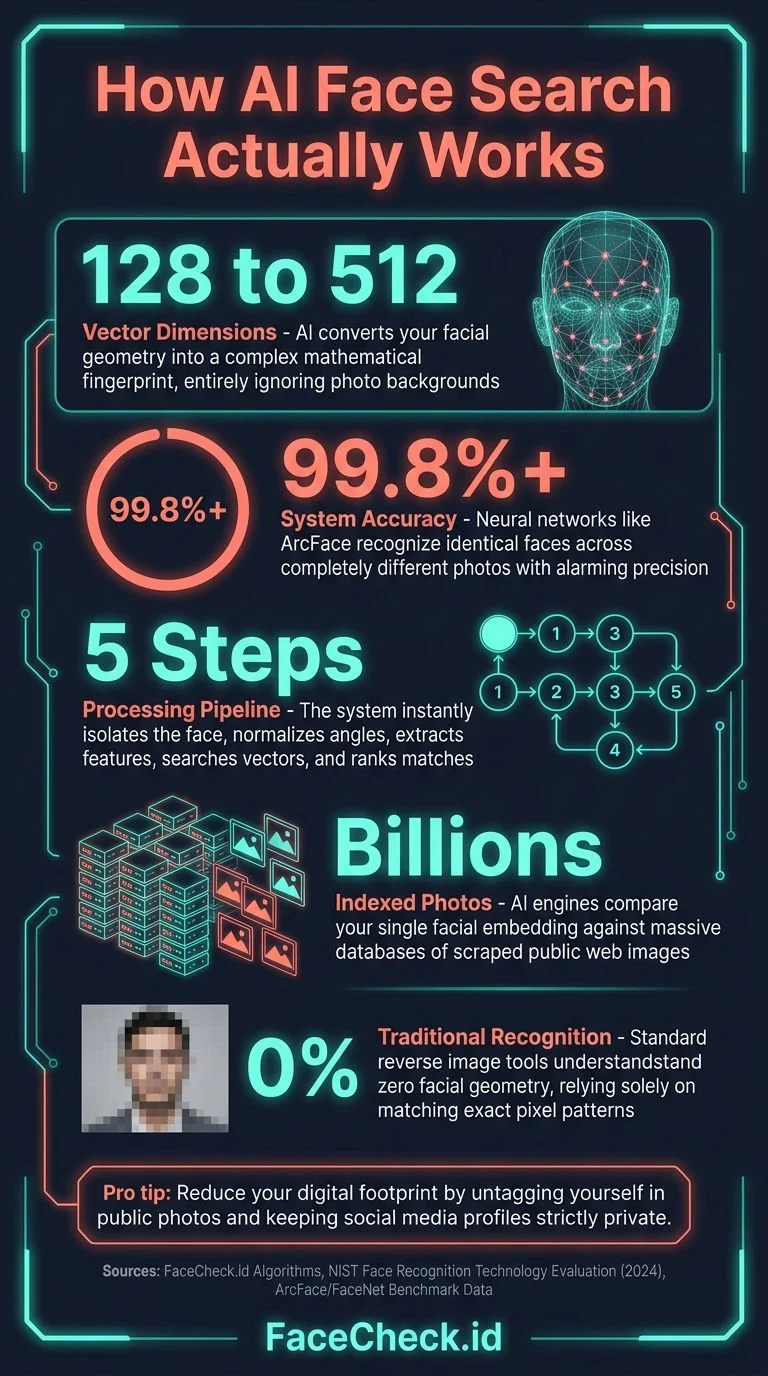 Infographic showing how AI face search compares faces across databases