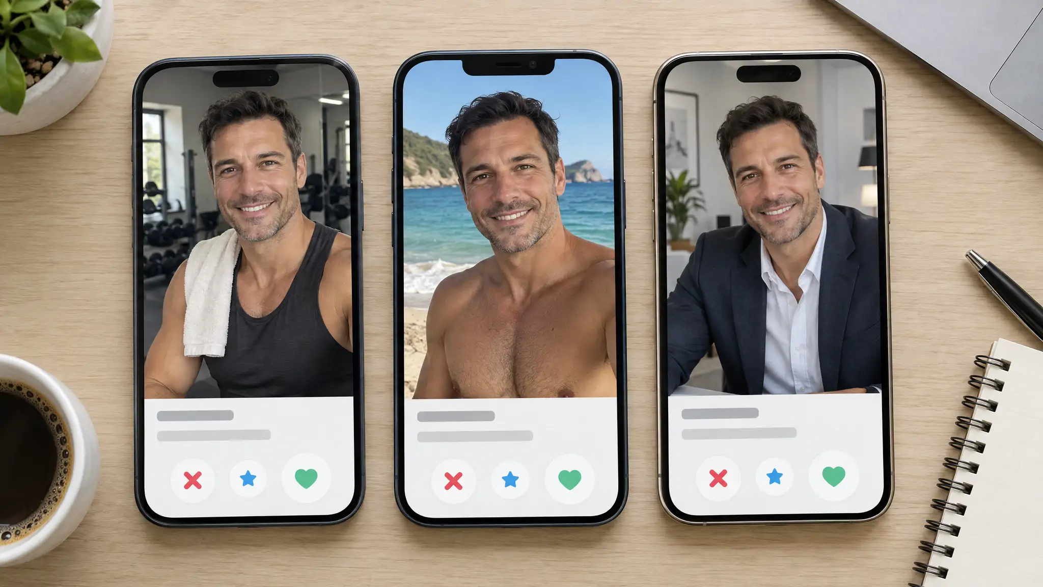 Tres teléfonos uno junto a otro que muestran perfiles de citas con el rostro del mismo hombre, lo que ilustra el resultado de una búsqueda de fotos de catfish con un rostro asociado a varios nombres