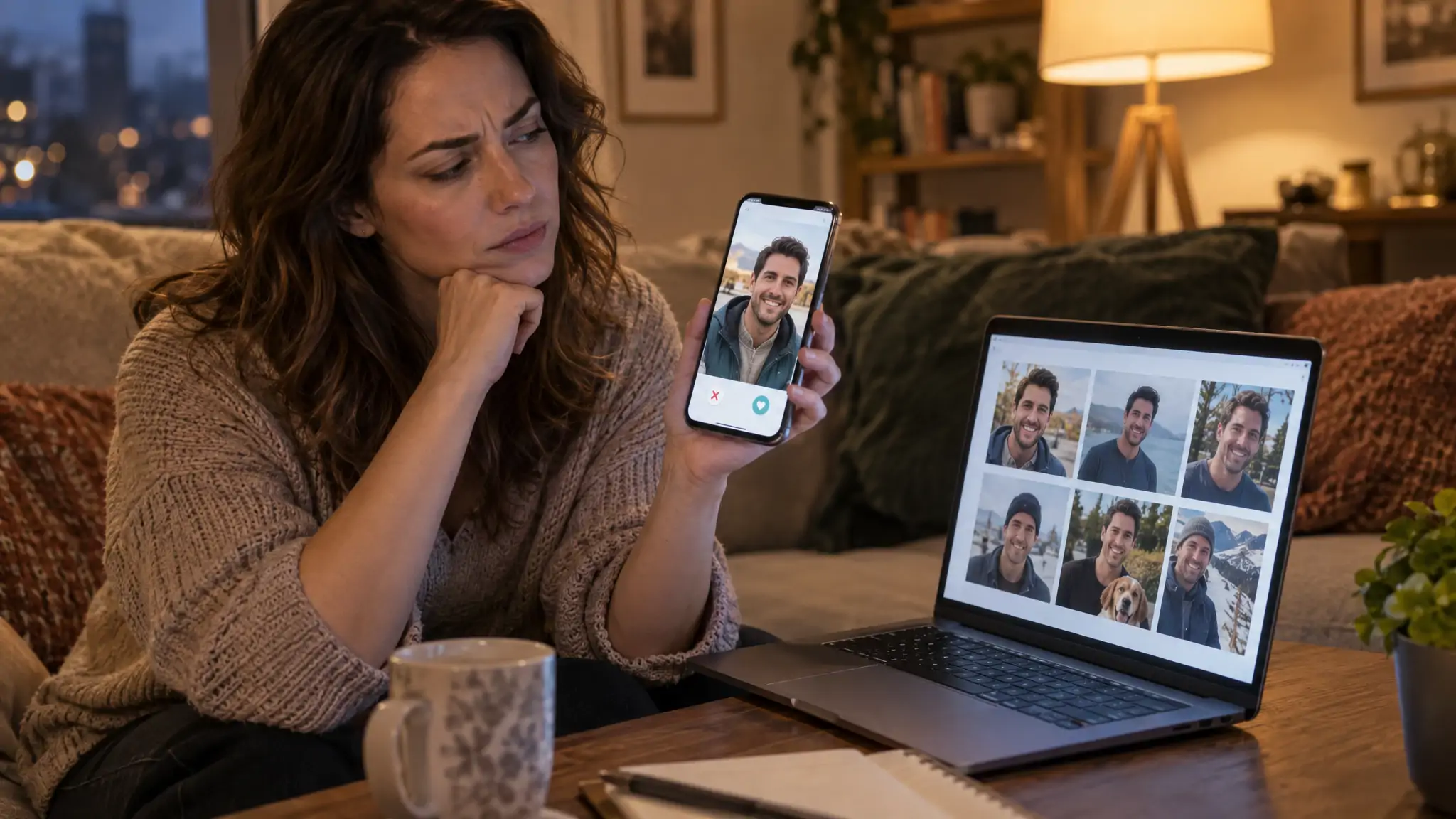 Mujer sentada en un sofá realizando una búsqueda de fotos de catfish, con un teléfono que muestra una foto de un perfil de citas junto a un portátil con una cuadrícula de resultados de búsqueda facial