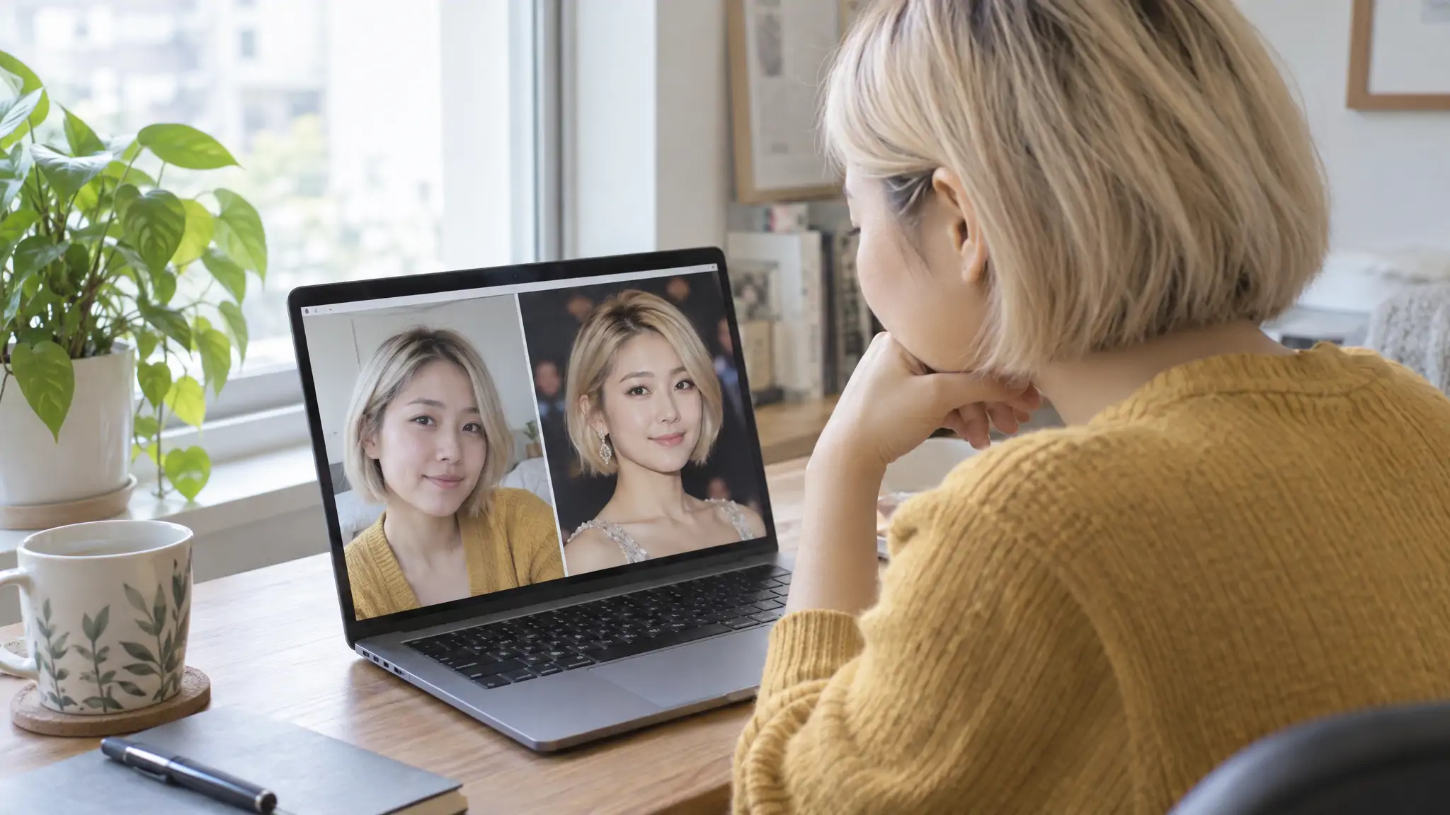Woman in her late twenties with a short blonde bob at a desk by a window, seen from behind her shoulder, comparing her own selfie with a celebrity look-alike face on her laptop screen