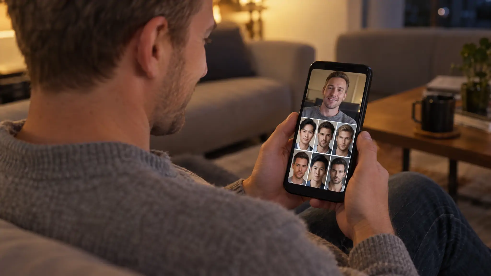 Man in his thirties on a sofa holding his phone, screen turned toward him and seen over his shoulder, comparing his selfie with a grid of celebrity look-alike faces from a face matcher with celebrities