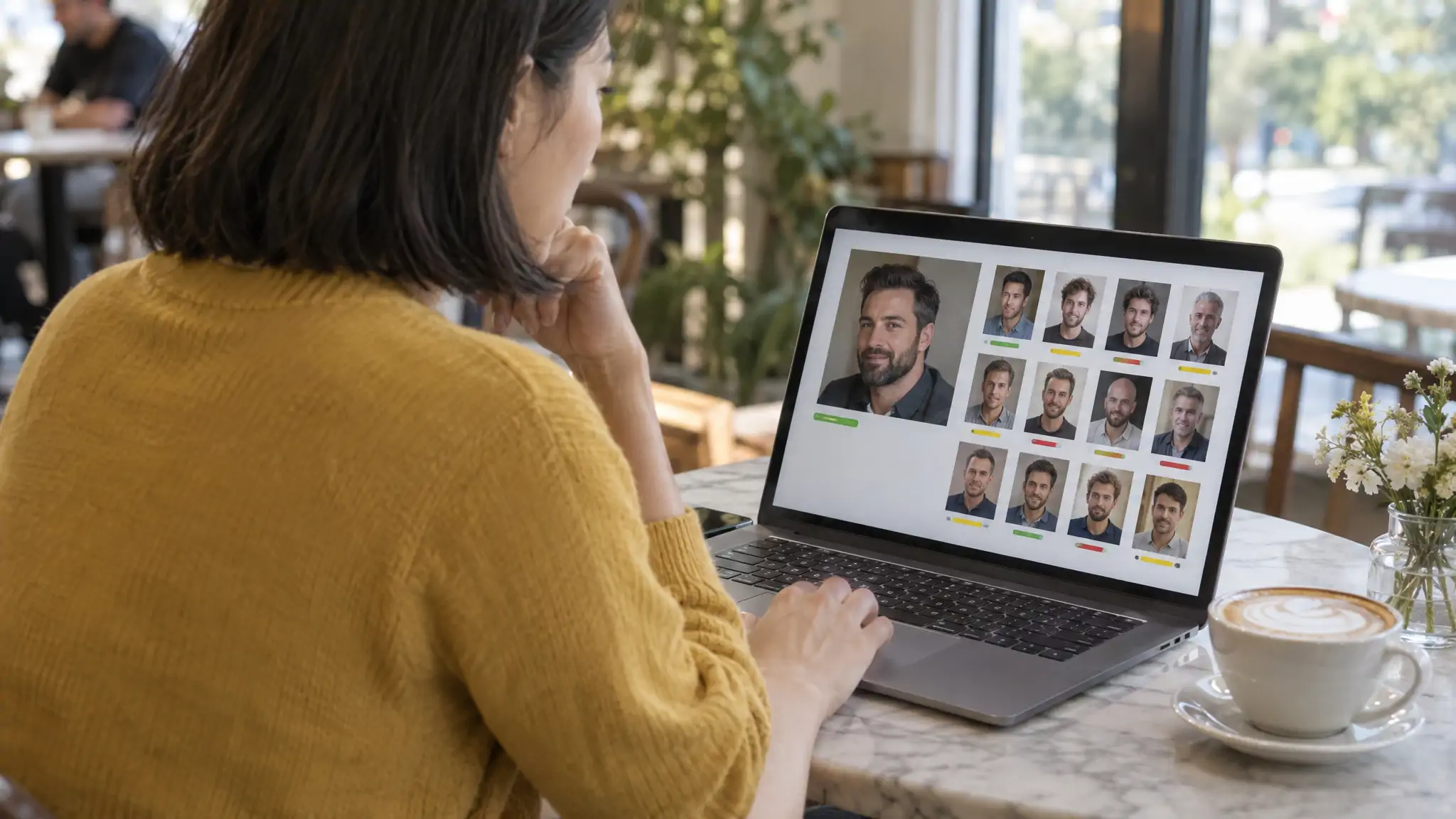 Woman in her thirties at a cafe table reviewing a grid of face match results on her laptop, screen angled toward her, seen from behind her shoulder