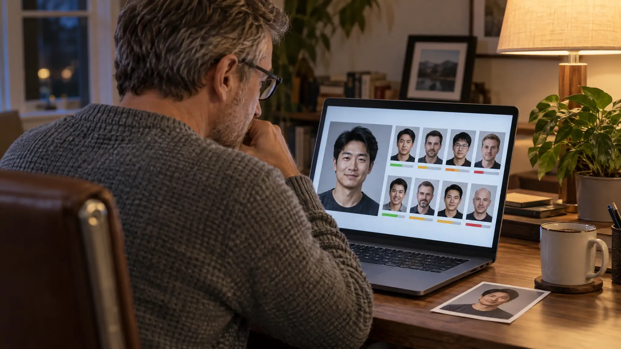 Man in his forties at a home desk comparing a profile photo with a grid of similar faces on his laptop, screen seen over his shoulder, using face match software