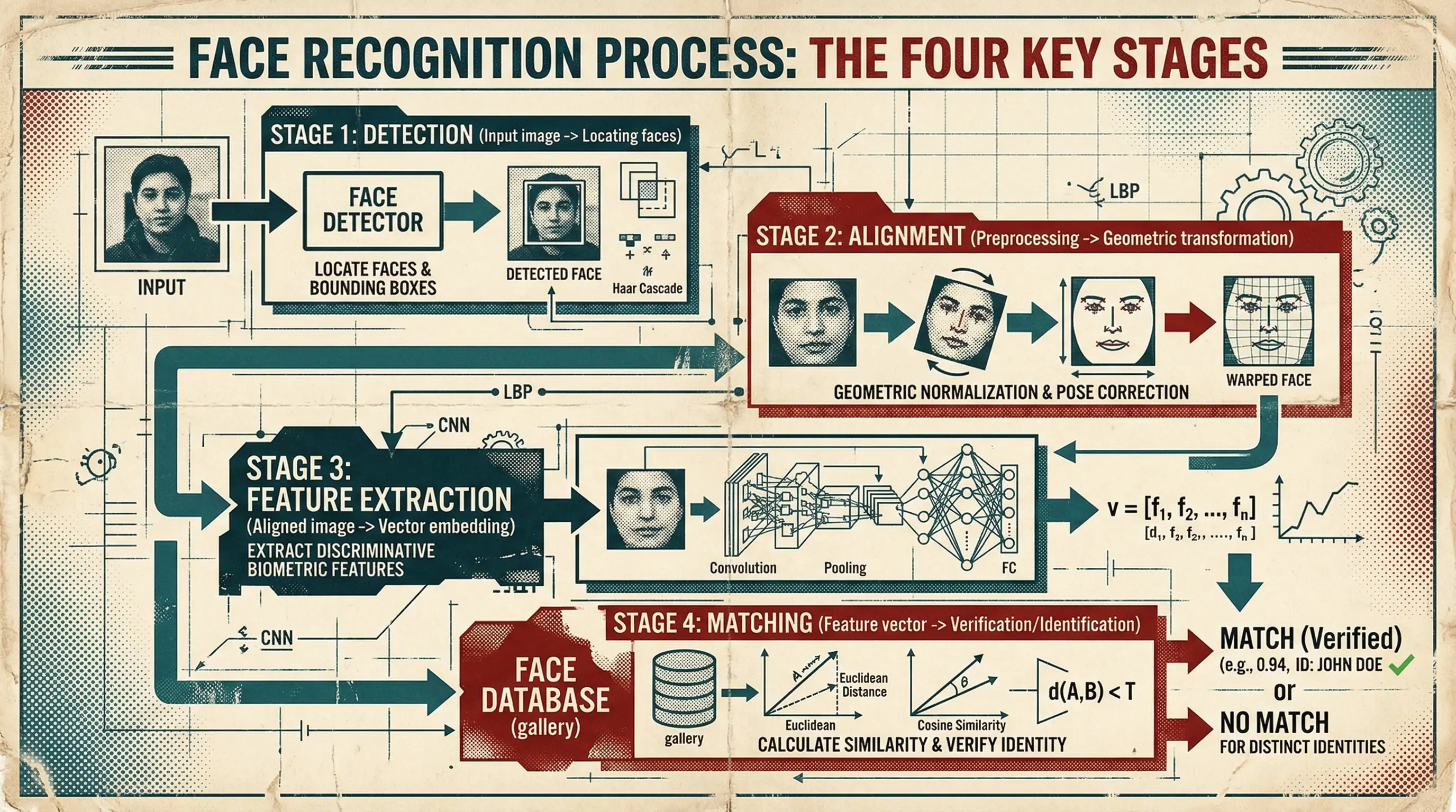 Technical diagram showing the face recognition pipeline from detection through alignment to embedding comparison