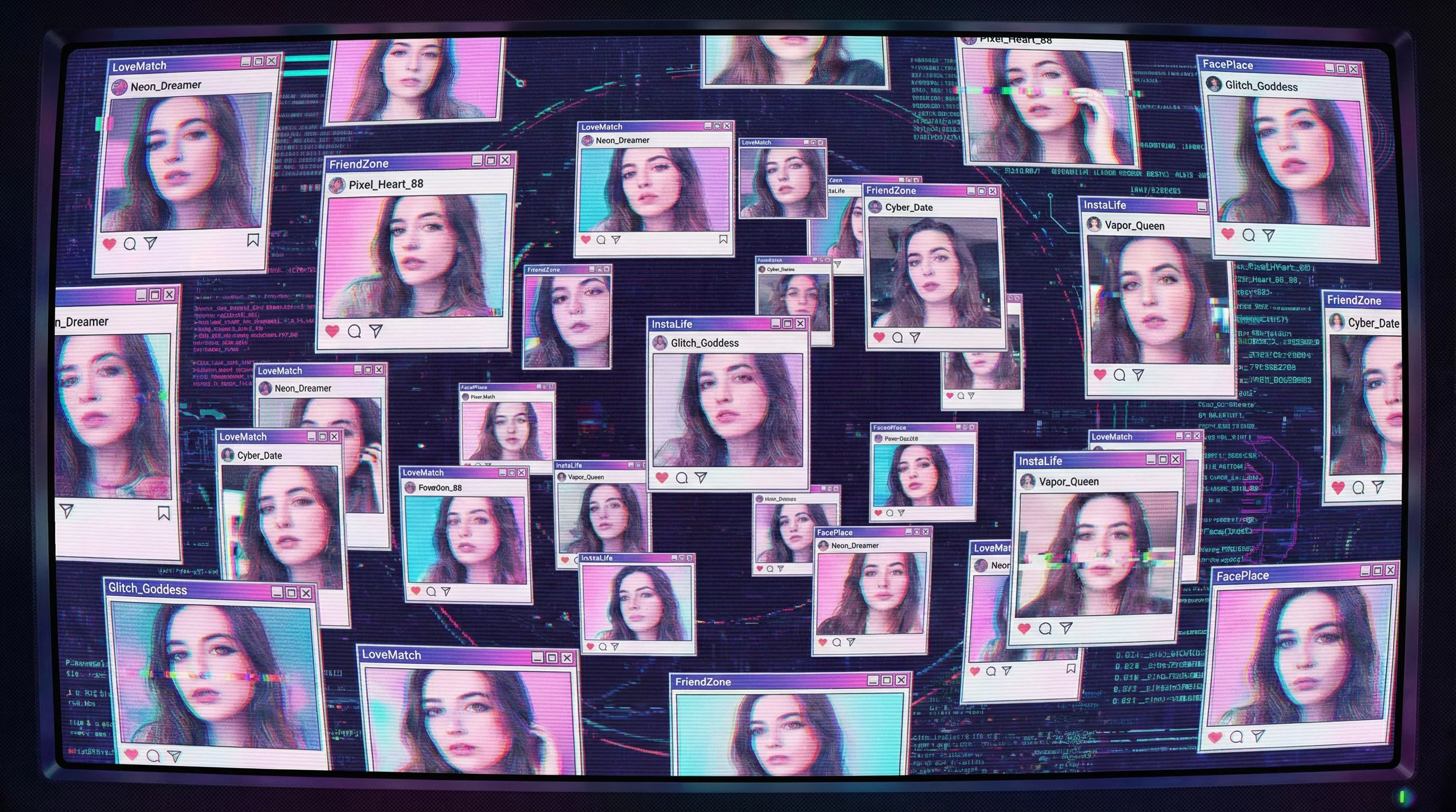 A photographer discovering fake profiles using her photos on a phone screen, sitting at a kitchen table with printed headshots scattered around