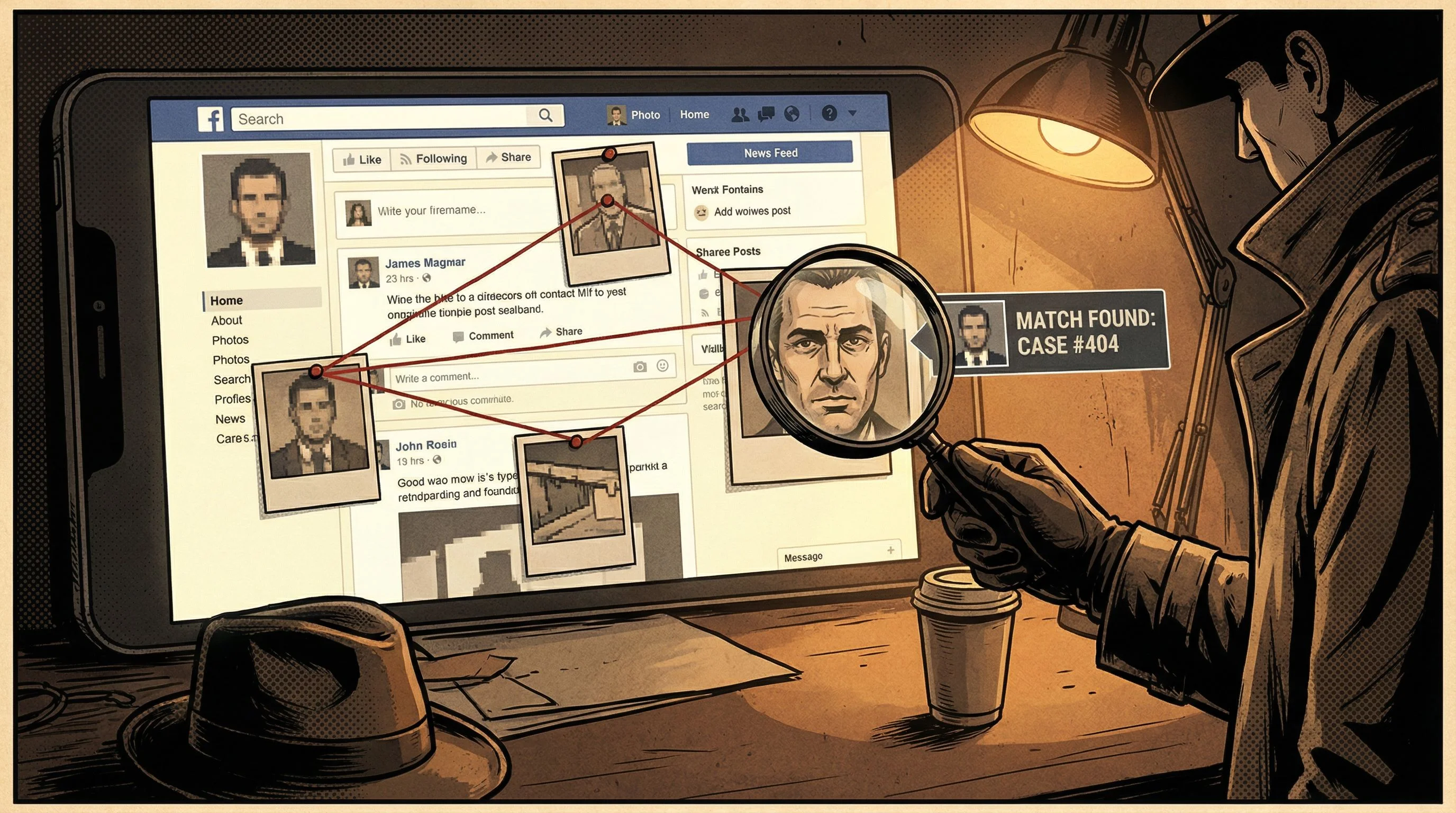 A person sitting at a kitchen table late at night, laptop open with a Facebook page glowing on screen, phone beside them showing a photo of someone, expression focused and slightly anxious